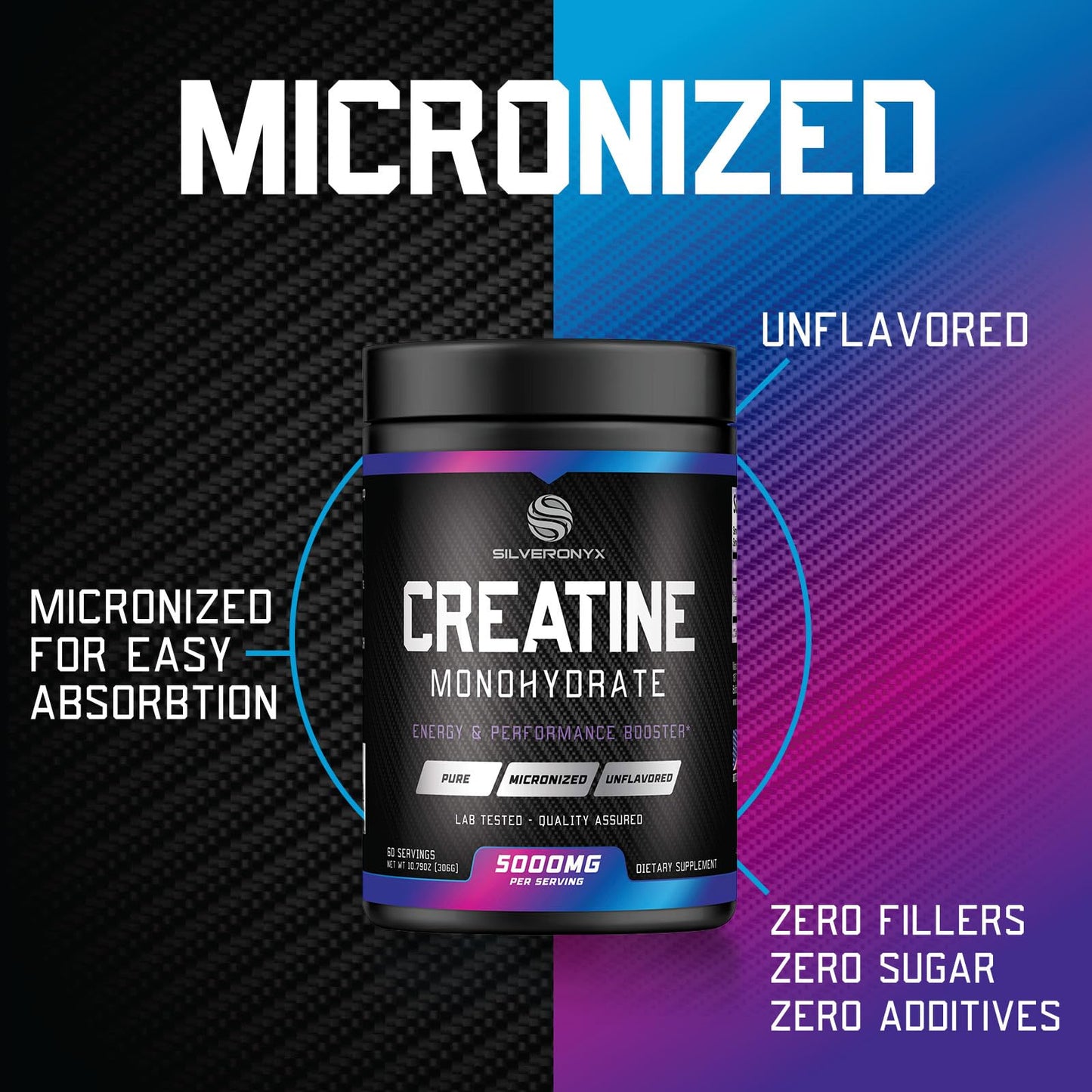 SILVERONYX Creatine Monohydrate Powder 5000mg Per Serving, 60 Servings