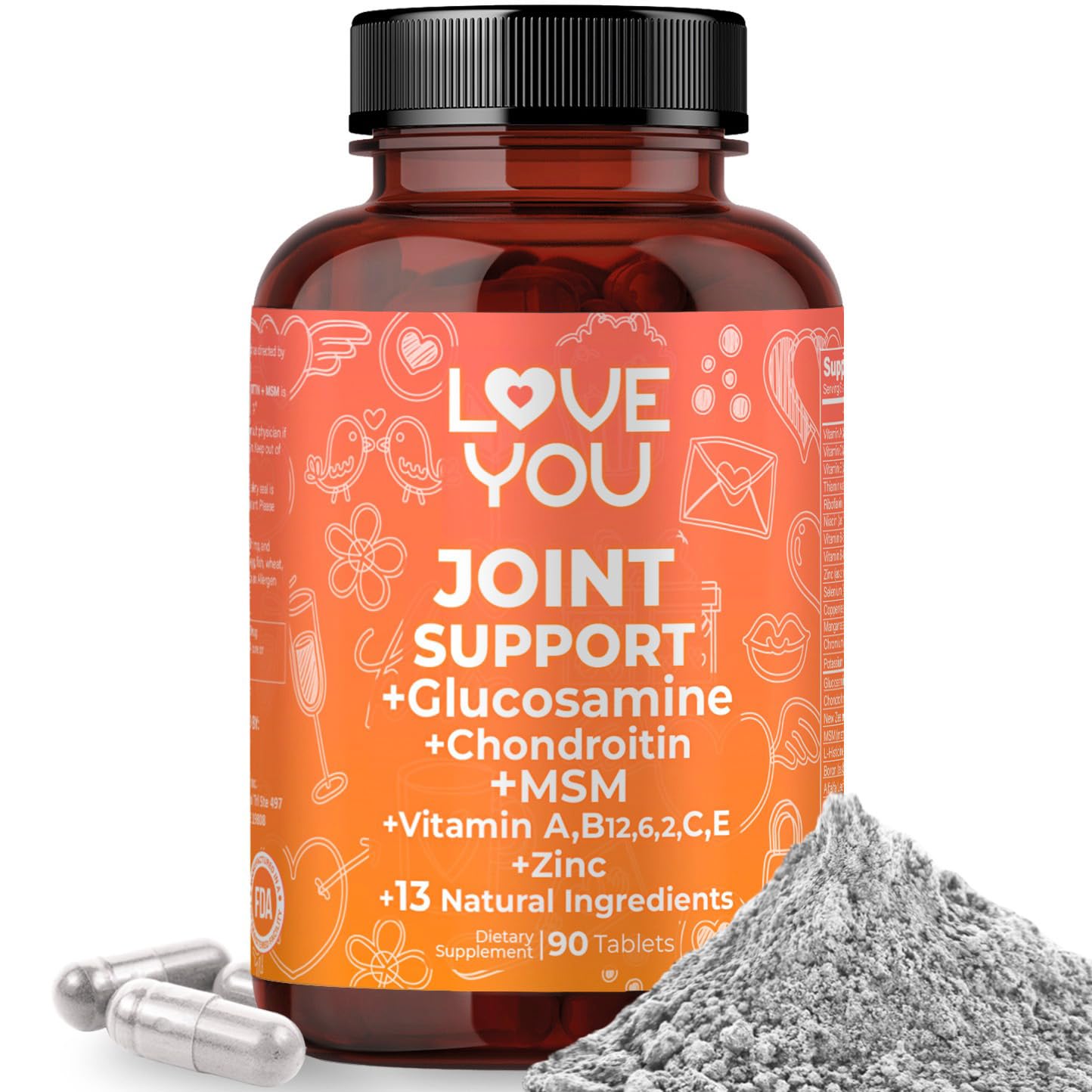 Love You Joint Support Supplement with Glucosamine, Chondroitin, MSM & Turmeric - 90 Tablets