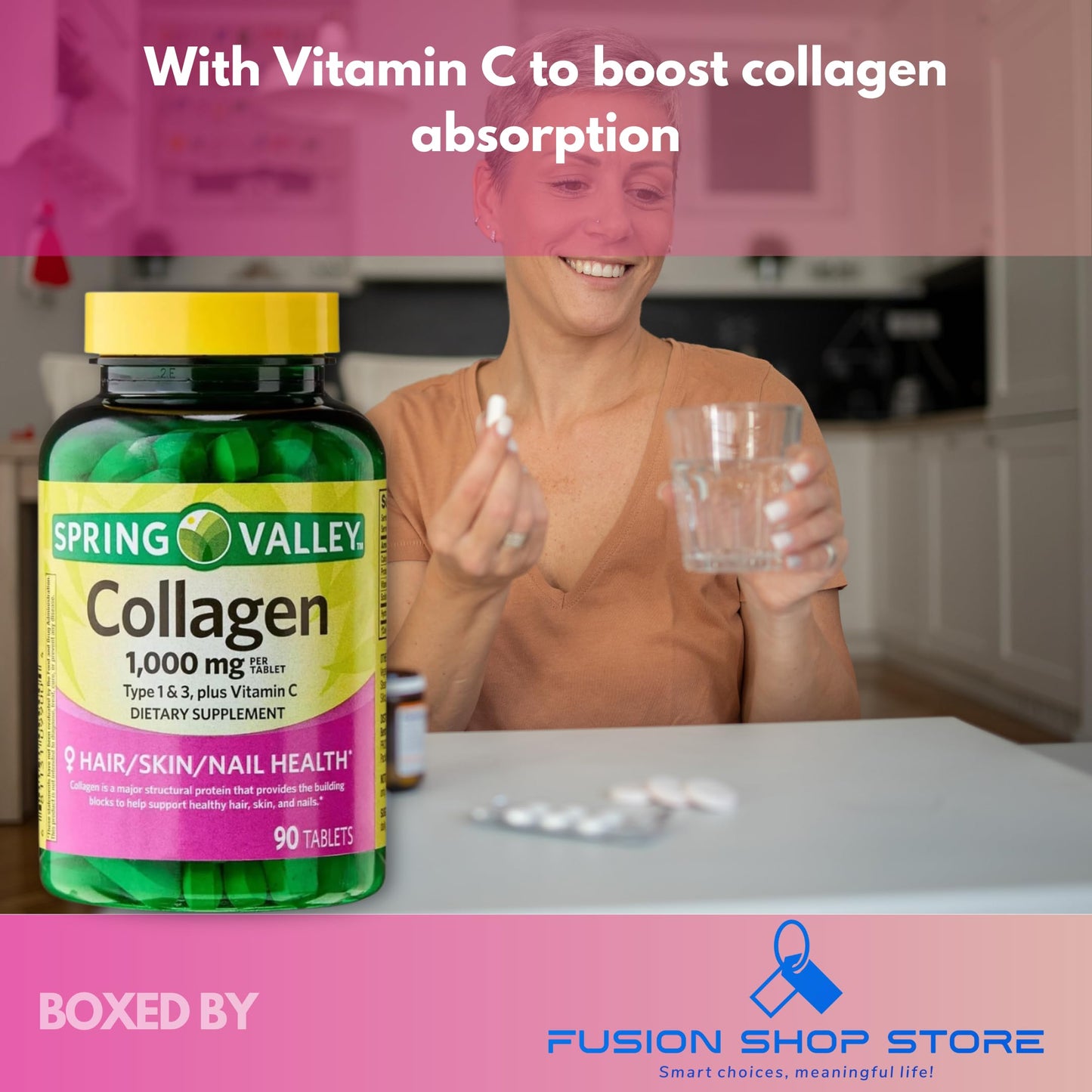 Fusion Shop Store Collagen Plus Vitamin C Tablets 1000mg Hair Skin and Nails, 90 Tablets