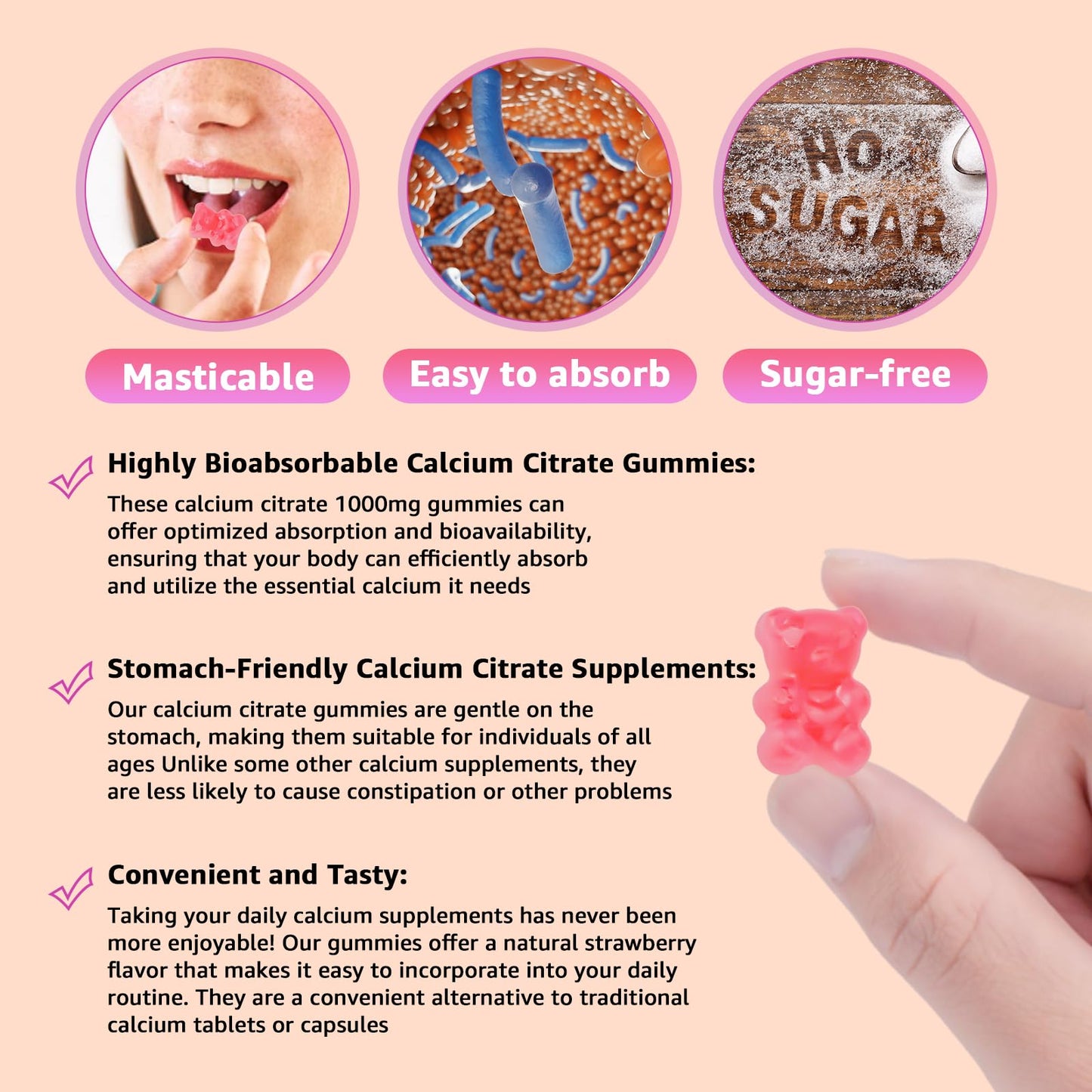 CMEDSTAR Chewable Calcium Citrate Gummies 1000mg with Vitamin D3 & K2, B6 & B12, Magnesium, Zinc for Bones, Muscles & Joints, Immunity & Memory Support, Sugar-Free, Gluten-Free, Vegetarian, Strawberry, 60 Count