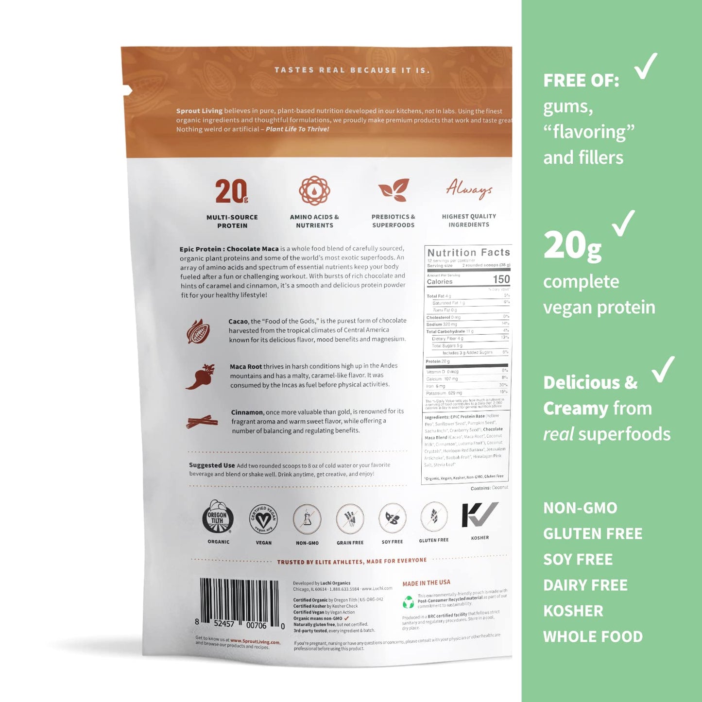 Sprout Living Epic Protein Bundle - Original, Chocolate Maca & Vanilla Lucuma Protein Powder, 1 lb, 12 Servings, 2-Pack