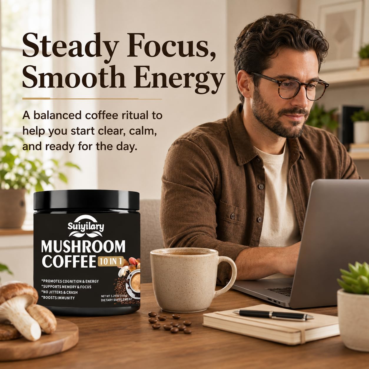 Suiyilary Mushroom Coffee Powder Blend with 10 Mushroom Extracts (Lion's Mane, Reishi, Chaga, Cordyceps, Turkey Tail), 5.3 oz