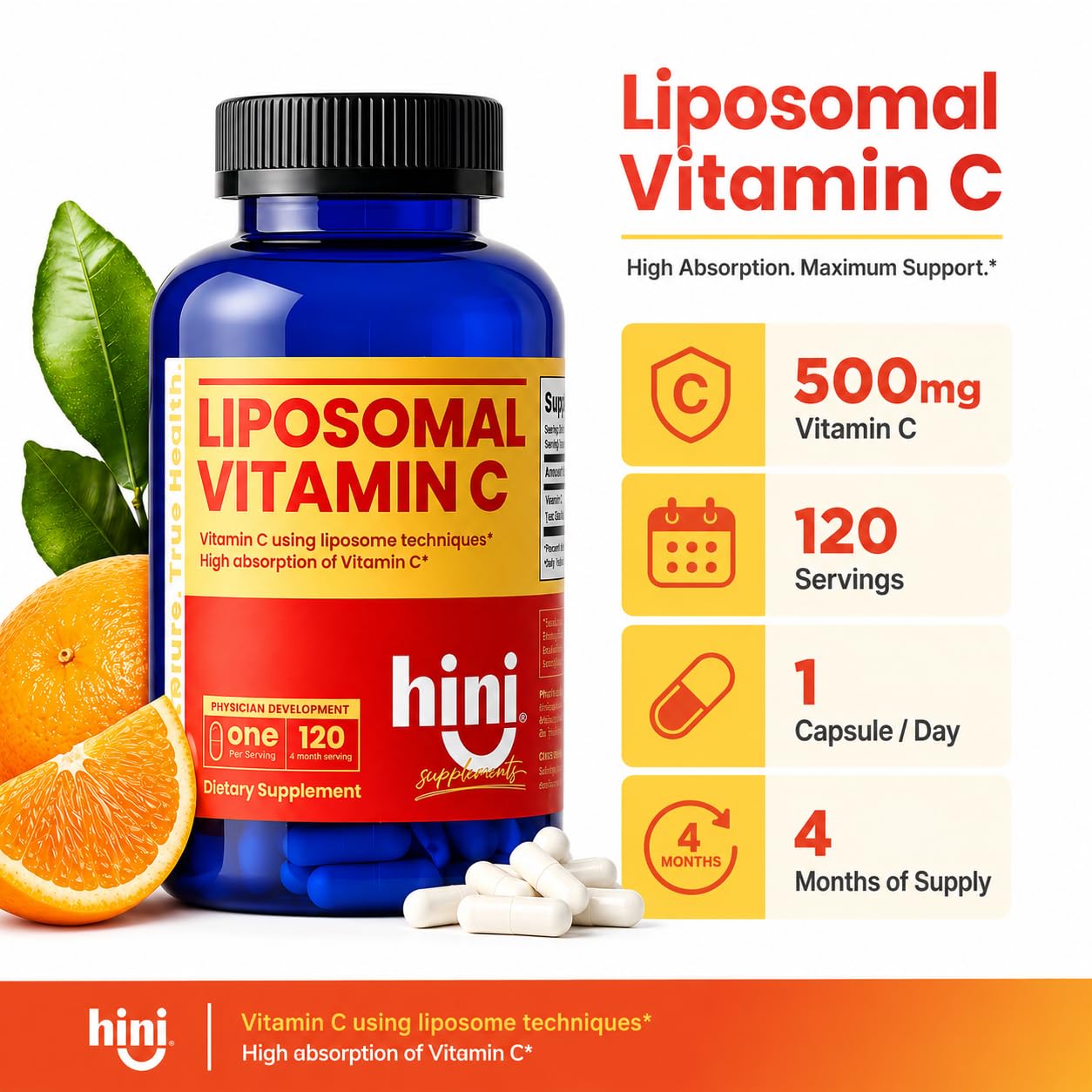 HINI Liposomal Vitamin C 500mg Tablet, 120 Count