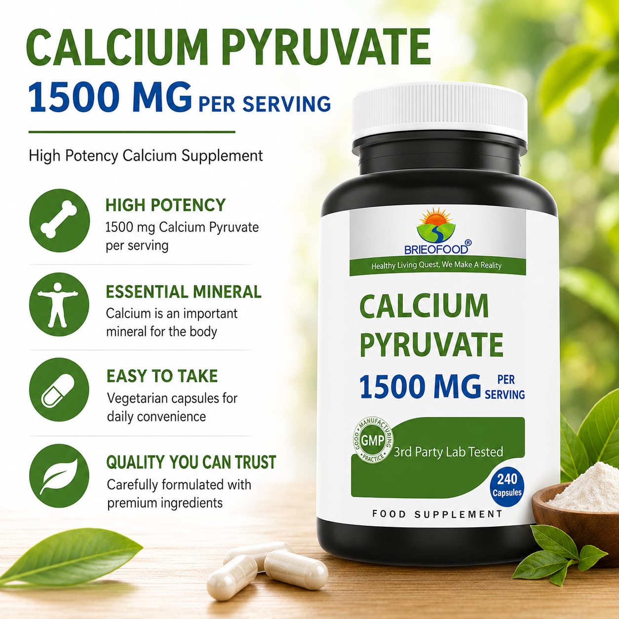 Brieofood Calcium Pyruvate 1500mg Capsules, 240 Count