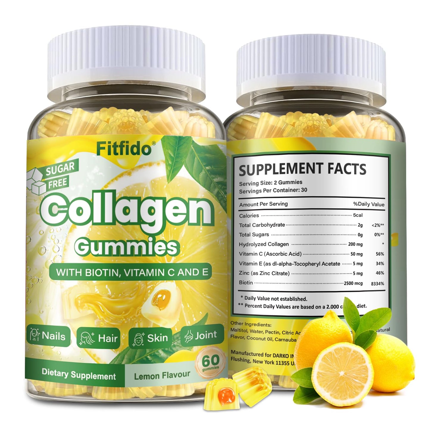 Fitfido Collagen Gummies 1500mg – Multi-Collagen Peptides Types I, II, III, V & X with Biotin 2500mcg and Vitamin C for Skin, Hair & Nails – Sugar Free, 60 Gummies