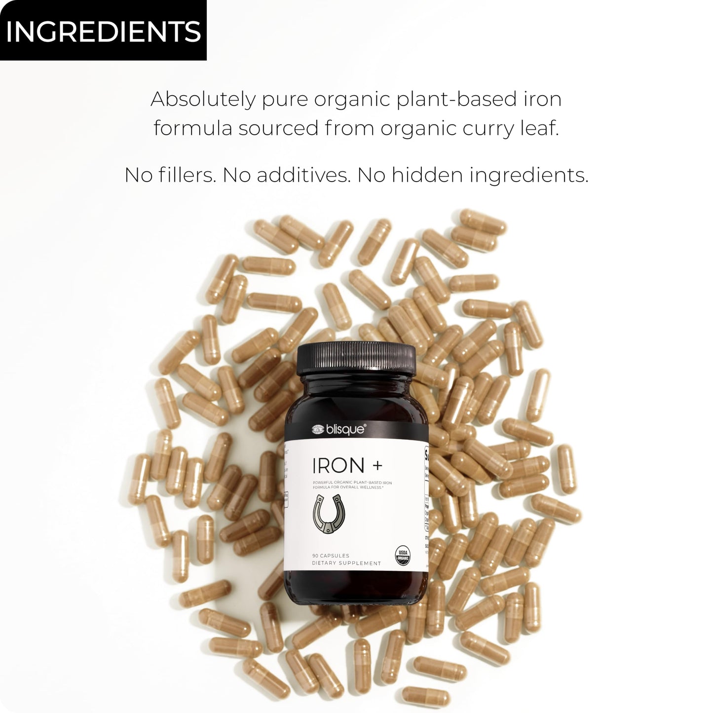 Blisque Organic Plant-Based Iron Formula for Blood Health, Immune Support, and Energy from Organic Curry Leaf Extract, 90 Capsules