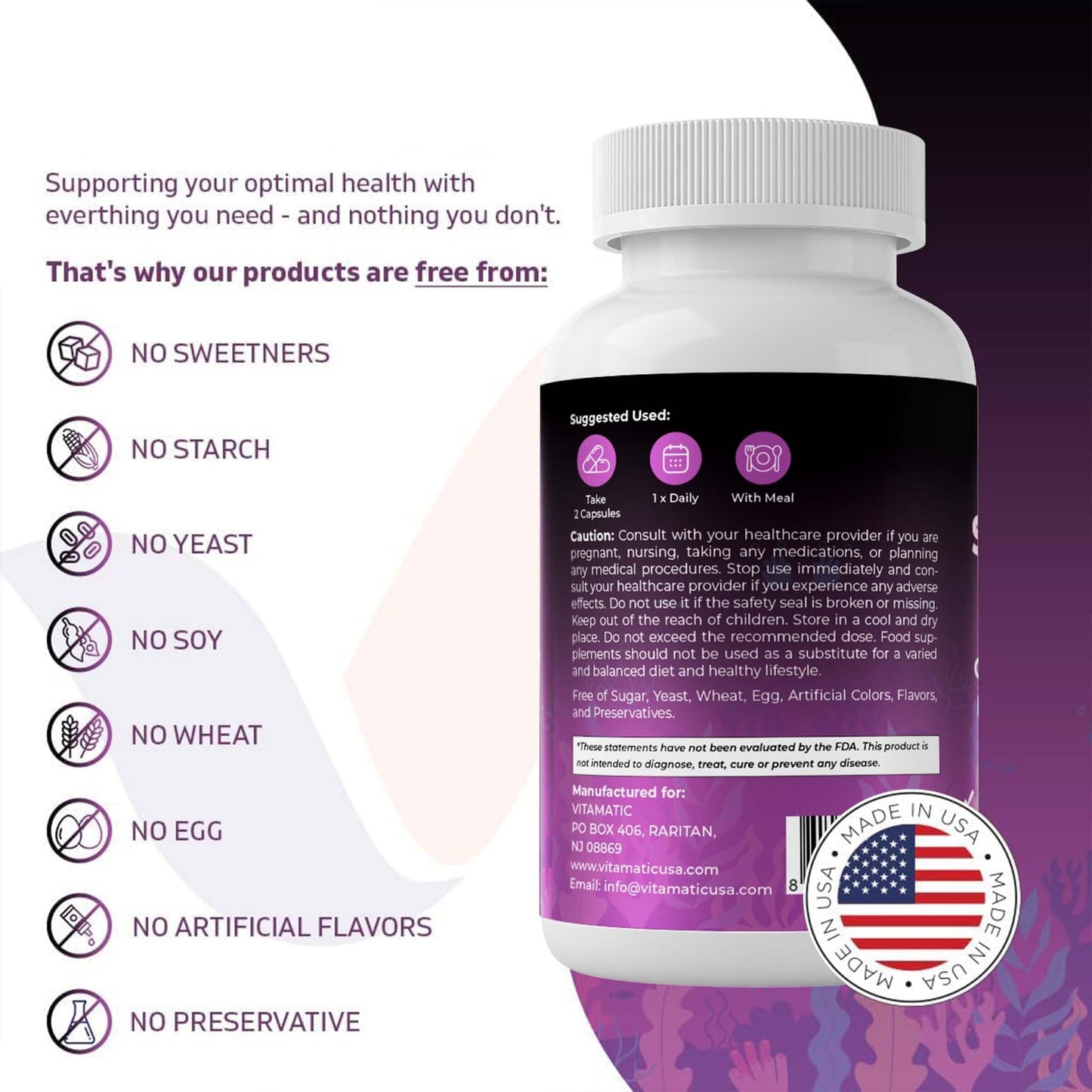 Vitamatic Sea Moss with Black Seed Oil, Ashwagandha, Turmeric, Bladderwrack & Burdock Concentrated Botanical Extract Plant-Based Capsules, 180 Count
