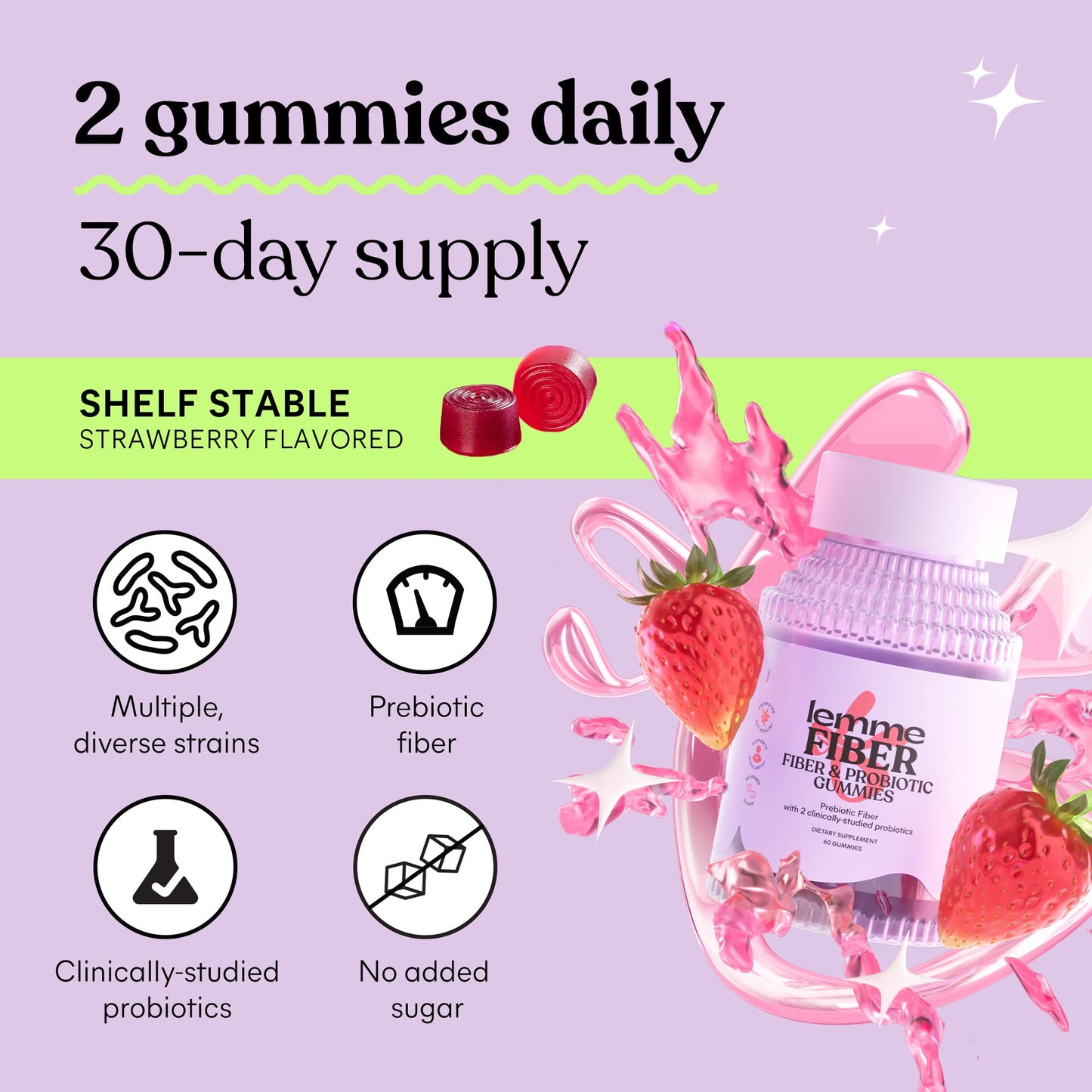 Lemme Fiber & Probiotic Gummies for Adults, Promotes Regularity & Digestive Health, No Sugar Added Strawberry Flavor, 4g Prebiotic Fiber & Clinically Studied Probiotic Strains, (60 Count)