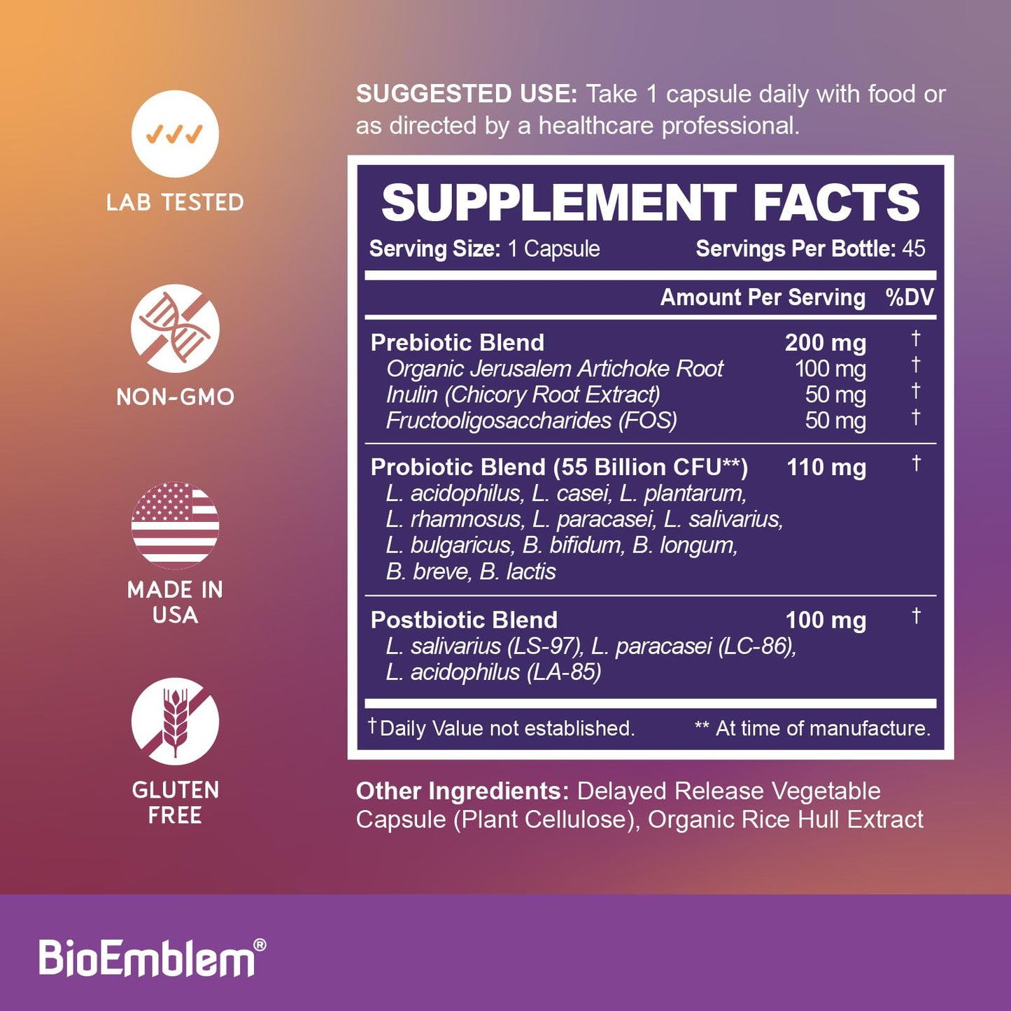 BioEmblem Probiotics for Women & Men – 55 Billion CFU, 11 Strains – Capsules, 45 Capsules