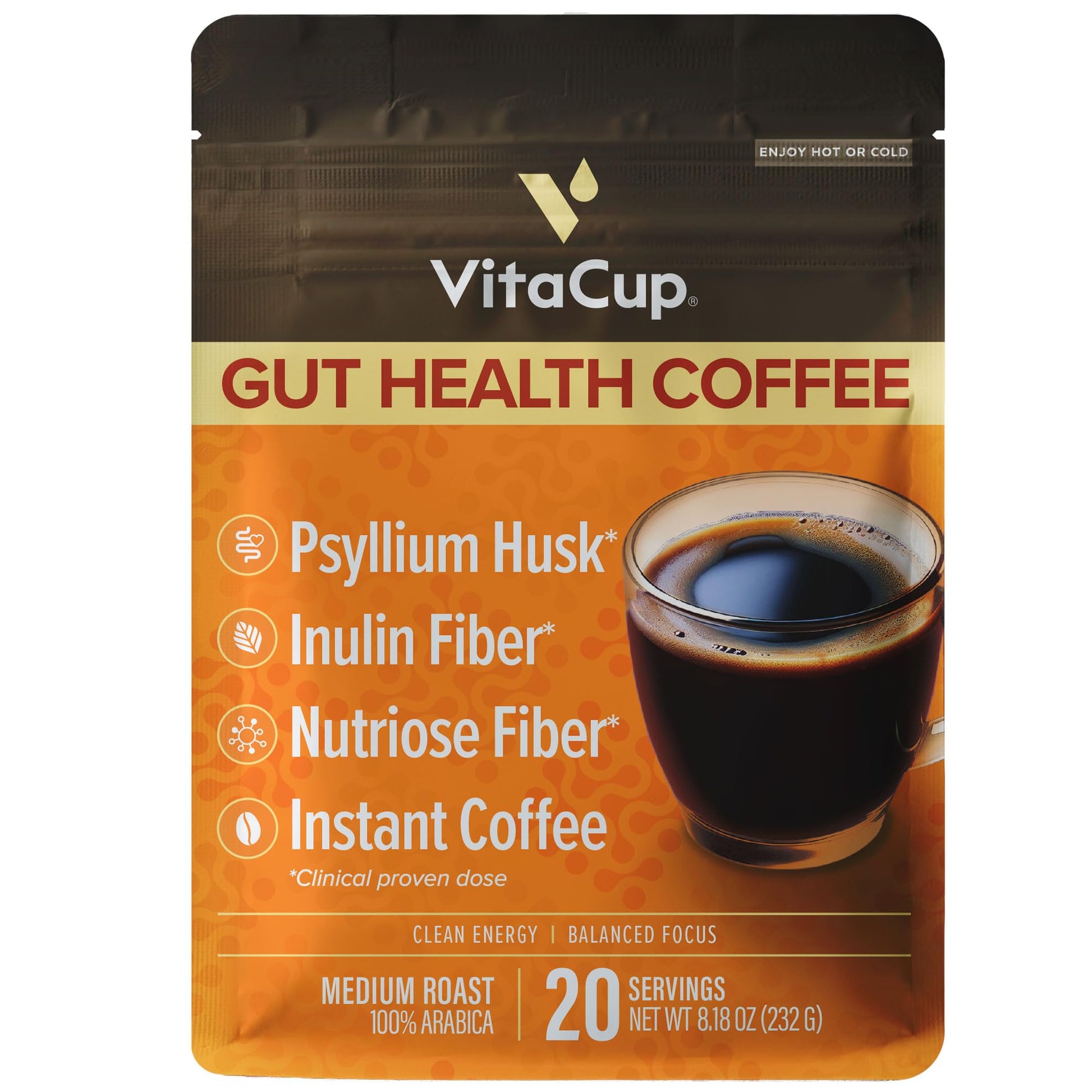 VitaCup Gut Health Instant Coffee Prebiotic Fiber Blend Powder, 8.18 oz