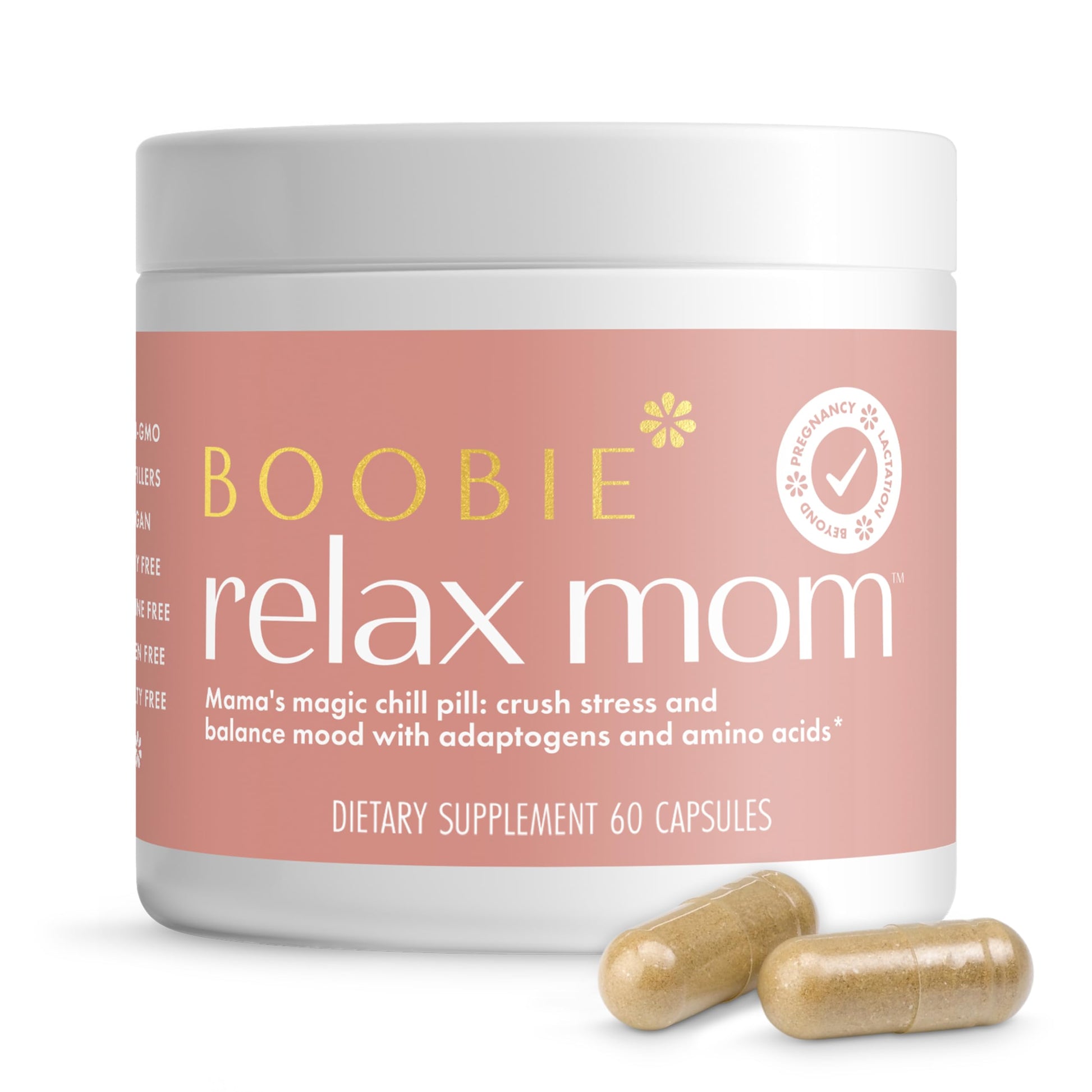 Boobie Brands Relax Mom Pregnancy & Postpartum Stress Support for Women, Breastfeeding Friendly Calm Mood Supplement with Adaptogens, 60 Capsules