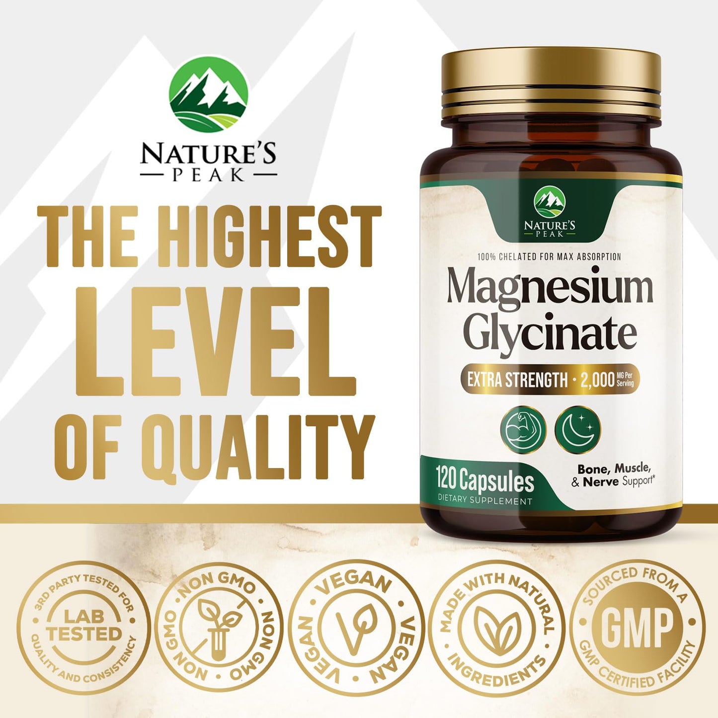 Nature's Peak Magnesium Glycinate 2000mg Per Serving Chelated Magnesium Supplement for High Absorption, Muscle, Bone & Heart Health Support, Easy on Stomach, Non-GMO, Vegan, 120 Tablets