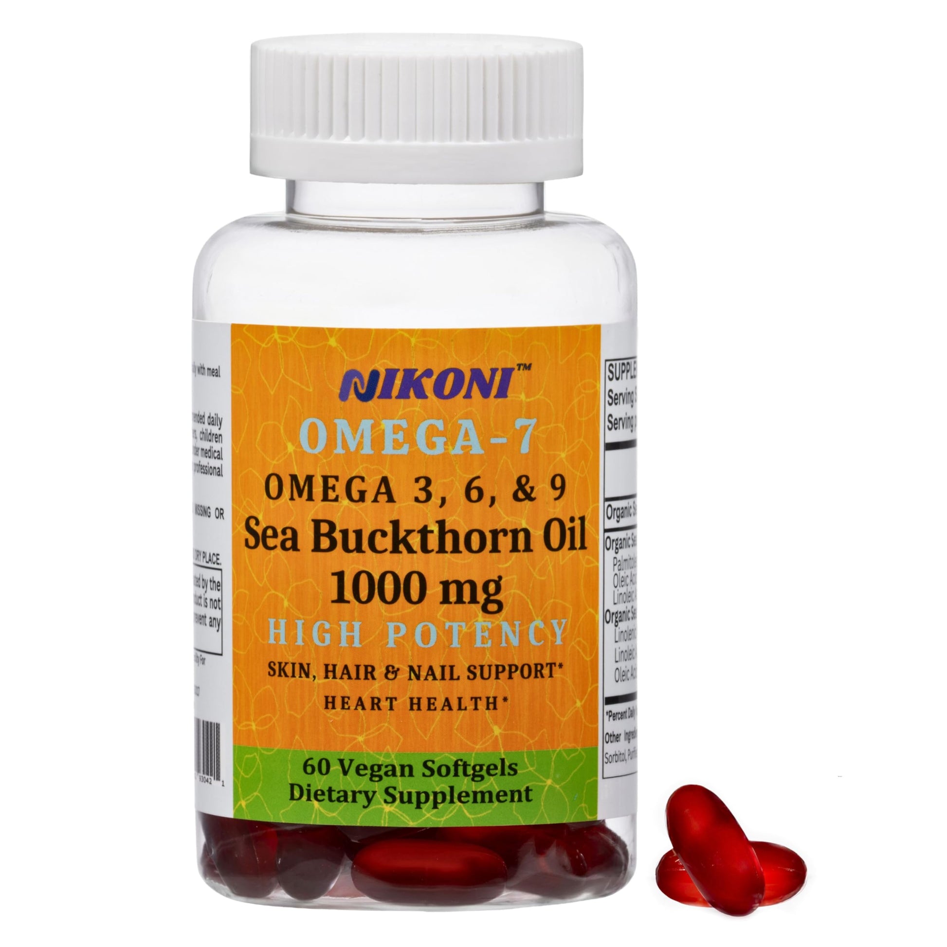 Nikoni Sea Buckthorn Oil with Omega-7 Organic Supplement for Healthy Skin, Hair, Nails Softgels 60