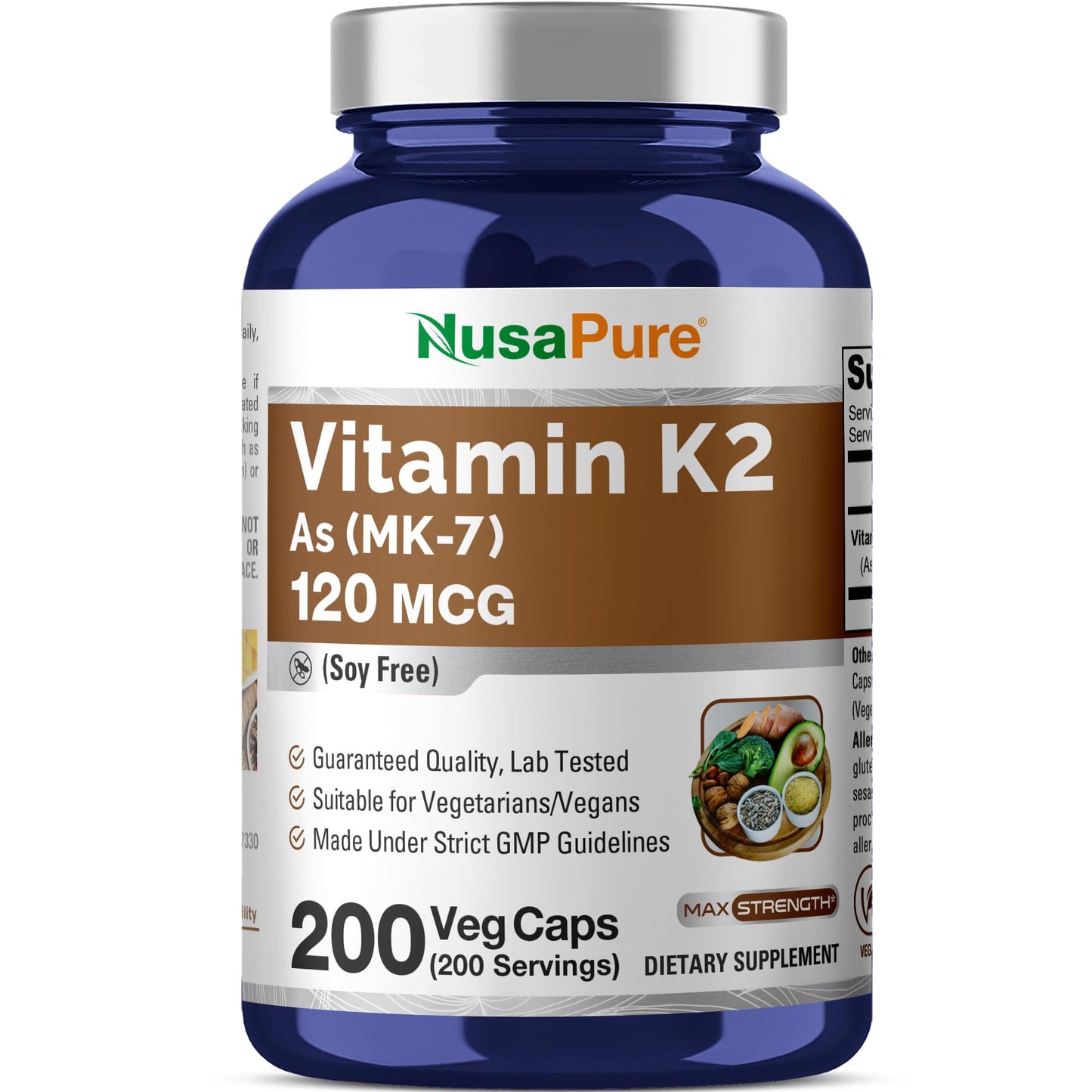NusaPure Vitamin K2 MK7 120 mcg, Non-GMO, Vegan, 200 Veggie Capsules