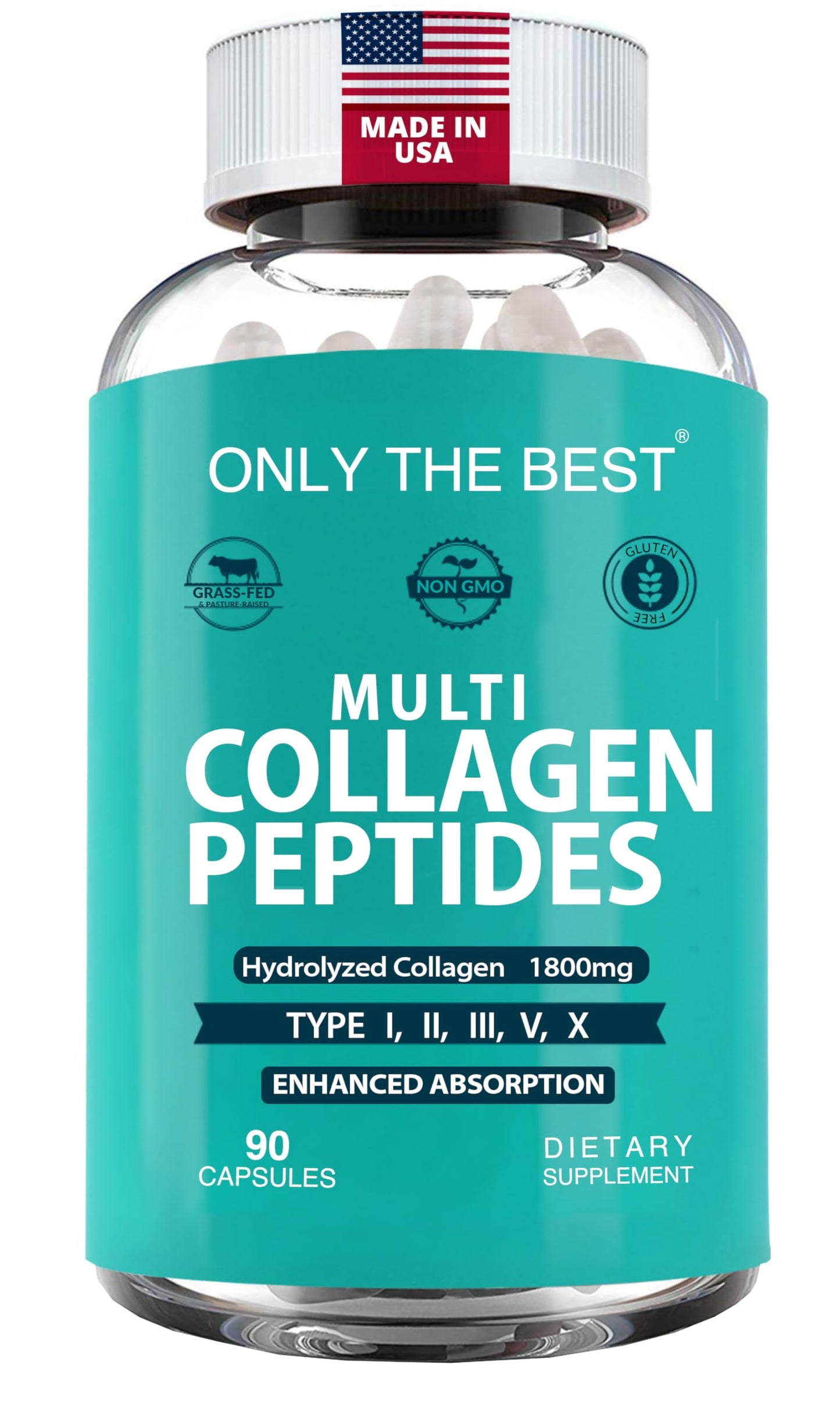Only The Best Premium Multi Collagen Peptides Capsules 1800mg Types I, II, III, V, X, 90 Capsules
