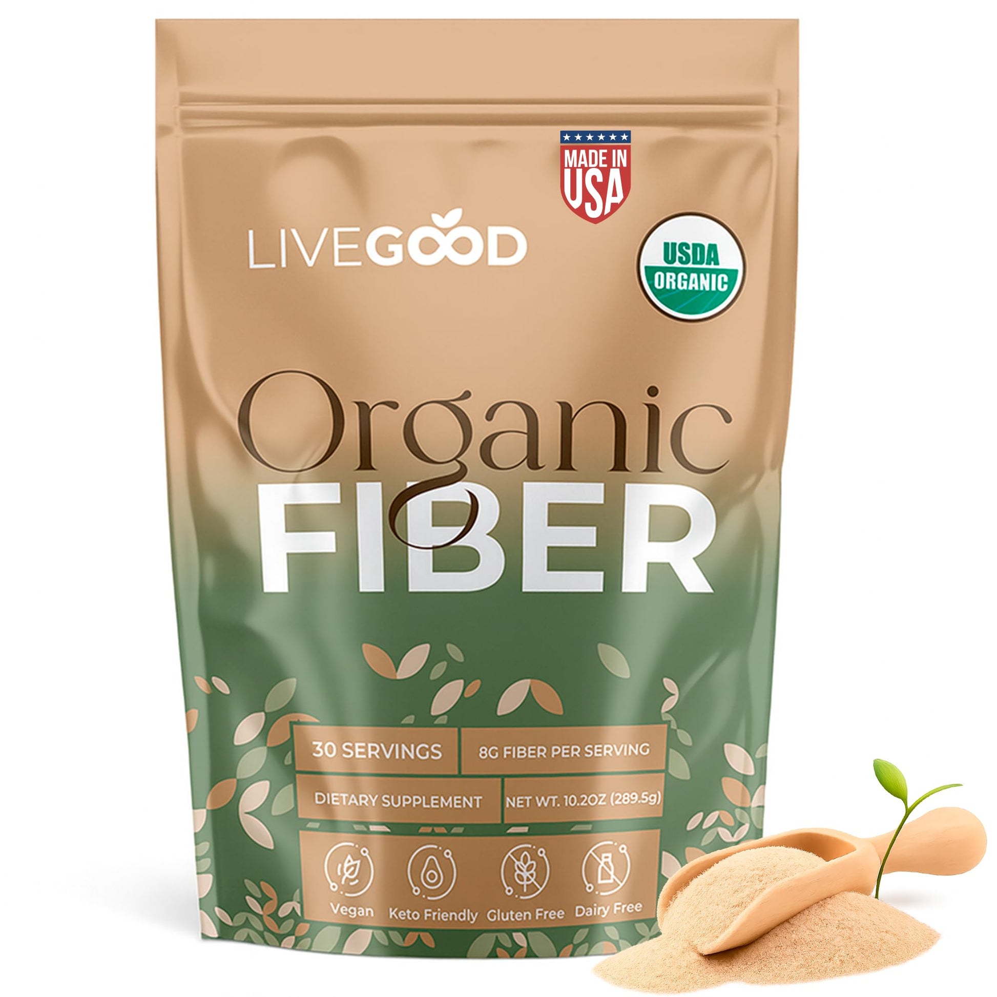 LIVEGOOD Organic Fiber Powder with Agave Inulin, Psyllium Husk, Pea Fiber, 10 Plant-Based Sources for Digestion Detox, Gut Support and Daily Wellness Organic Fiber Supplement, 10.2 Ounce
