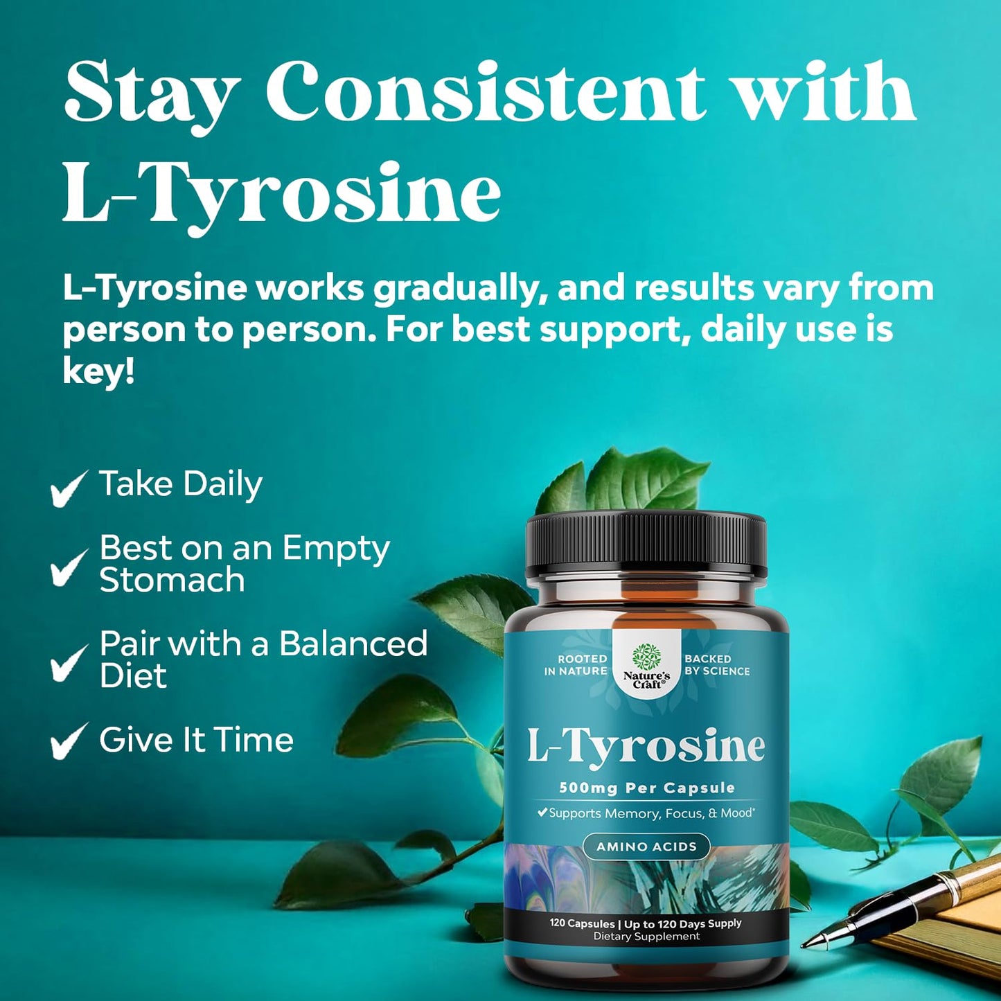 Natures Craft Free Form L-Tyrosine 500mg Capsules, 120 Count