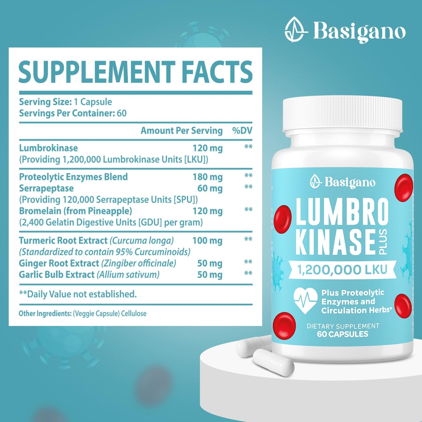 Basigano Lumbrokinase Supplement 1.2 Million LKU - 120mg Capsule, 60 Count