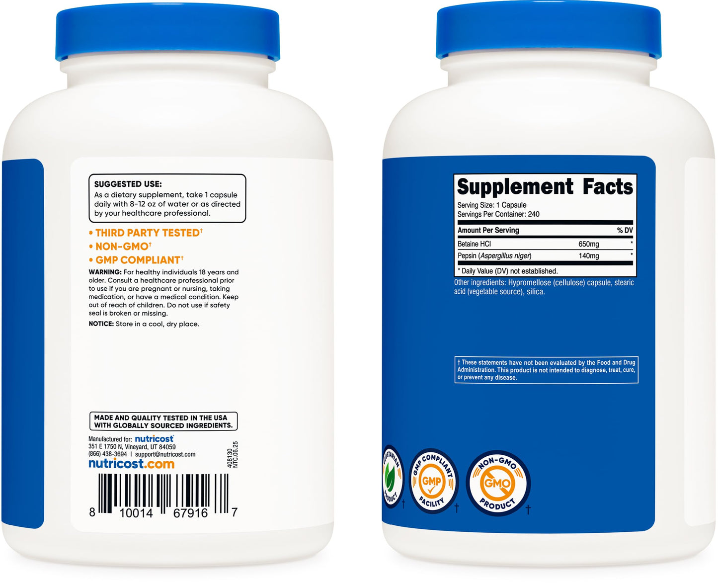 Nutricost Betaine HCl + Pepsin 790mg, 480 Capsules