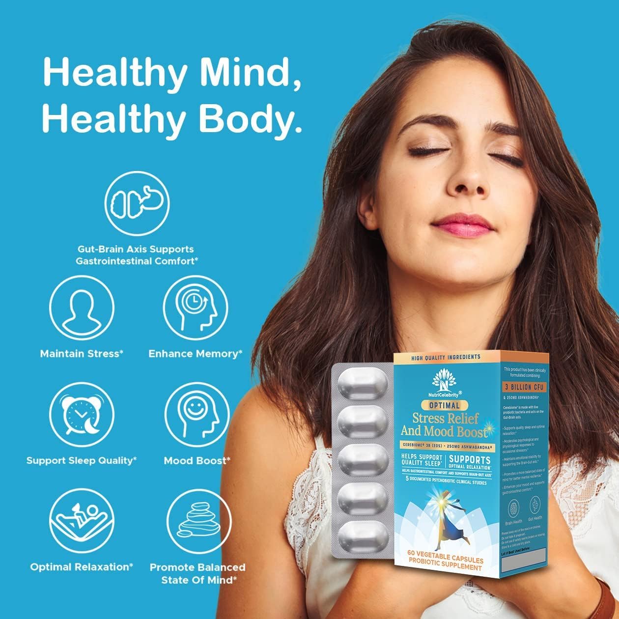 Nutricelebrity Optimal Stress Relief Capsule, Mood Support, Sleep Aid, Ashwagandha Organic KSM-66, Brain Focus, Probiotics for Women, Gut Health, Vegan Non-GMO, 60 Capsules