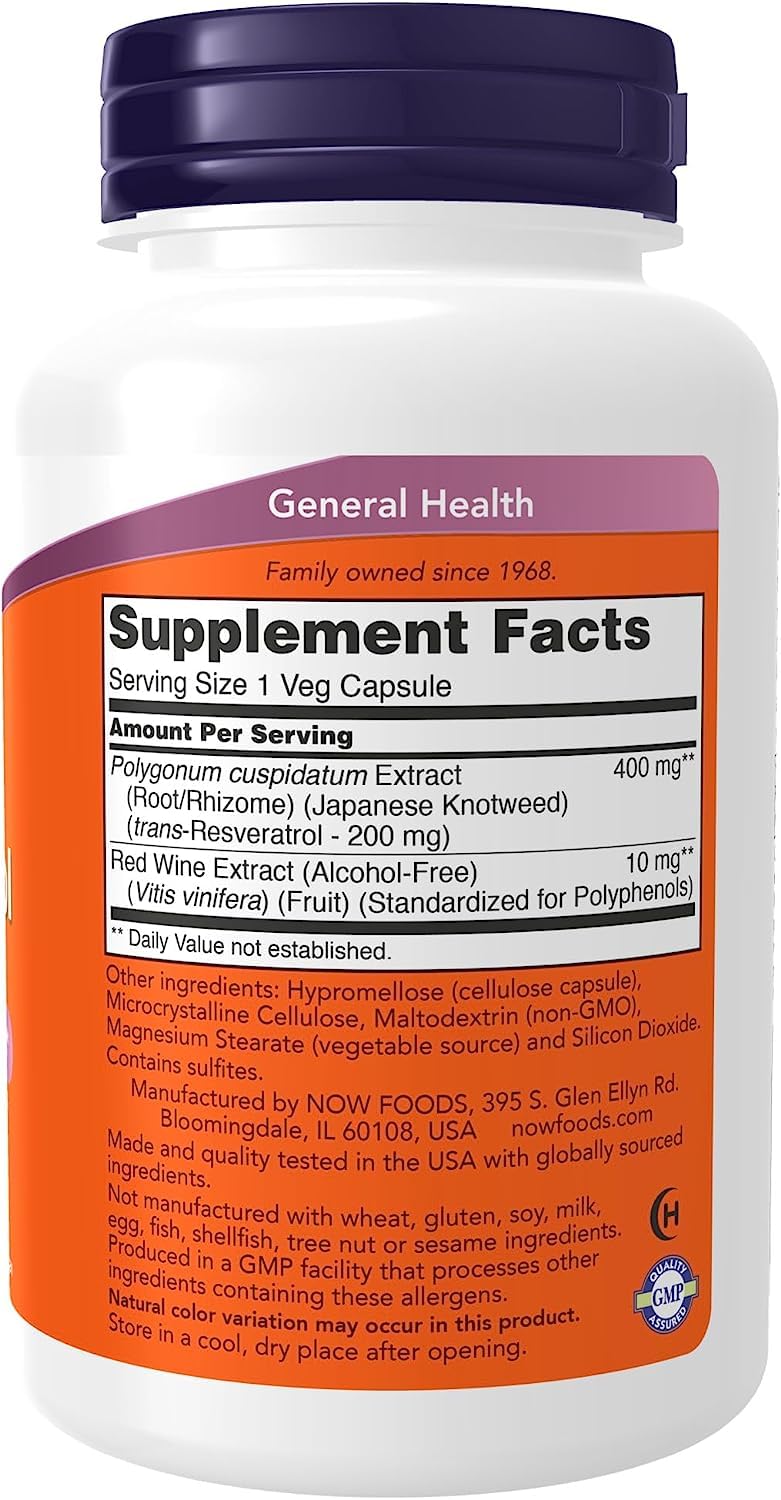 NOW Foods Natural Resveratrol 200 mg Capsule, 120 Veggie Caps