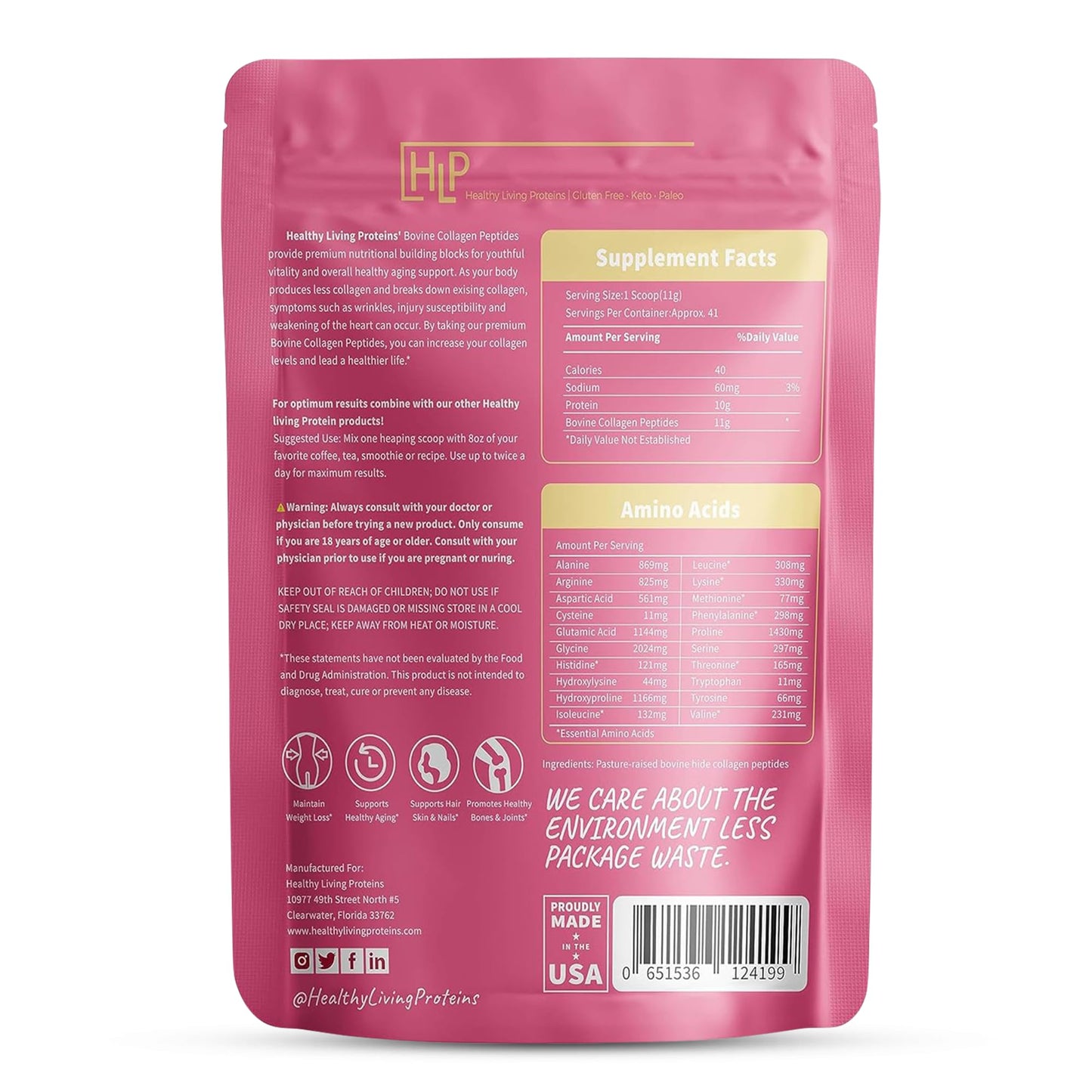 HLP Healthy Living Proteins Hydrolyzed Bovine Collagen Type I & III Powder, Unflavored, 16 oz