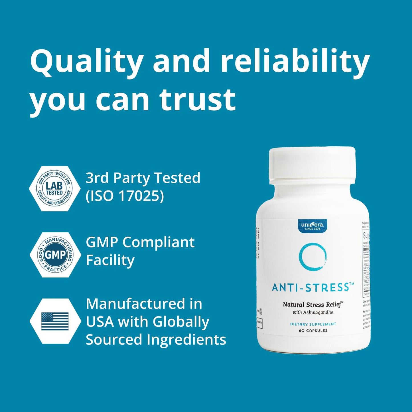 Univera Anti Stress Supplement with Ashwagandha, Gotu Kola, GABA & L-Theanine, 60 Capsules