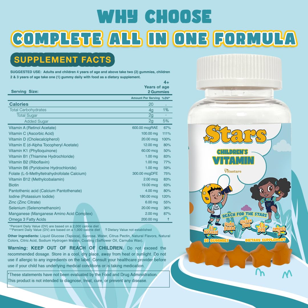Vitastars Stars Kids Multivitamin Gummies with Omega 3, 60 Gummies