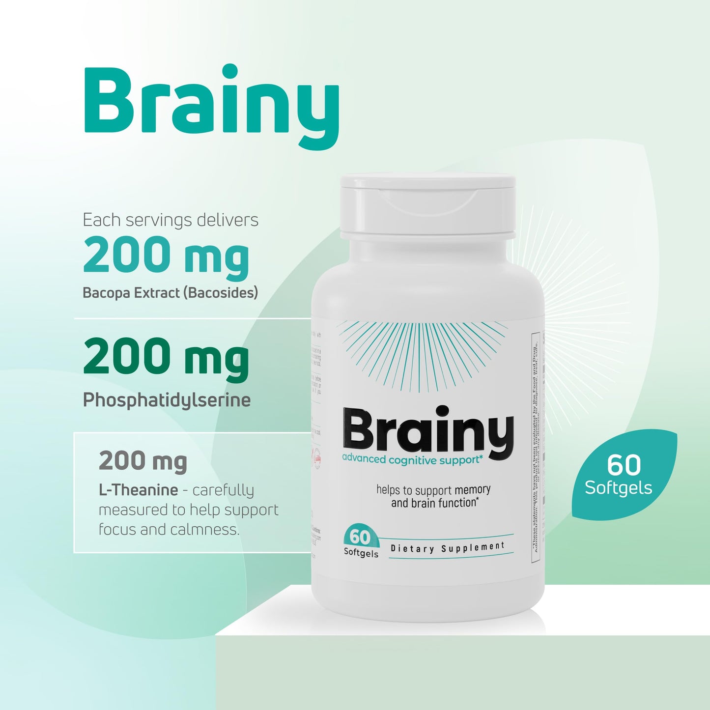 Nutra Nutrition Brainy Cognitive Support Supplement Bacopa Extract (Bacosides) & L-Theanine Softgels 60
