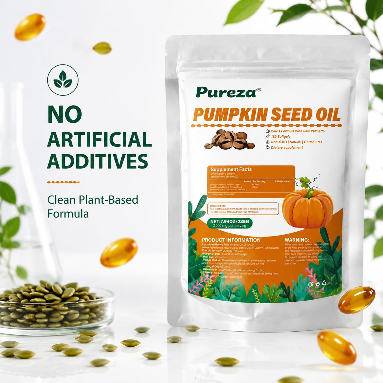 Pureza 2-in-1 Pumpkin Seed Oil Capsules 3000mg with Saw Palmetto Softgels, Plant-Based Formula, Supports Hair Growth, Hormonal Balance, Bladder Comfort & Restful Sleep, 2 Capsules