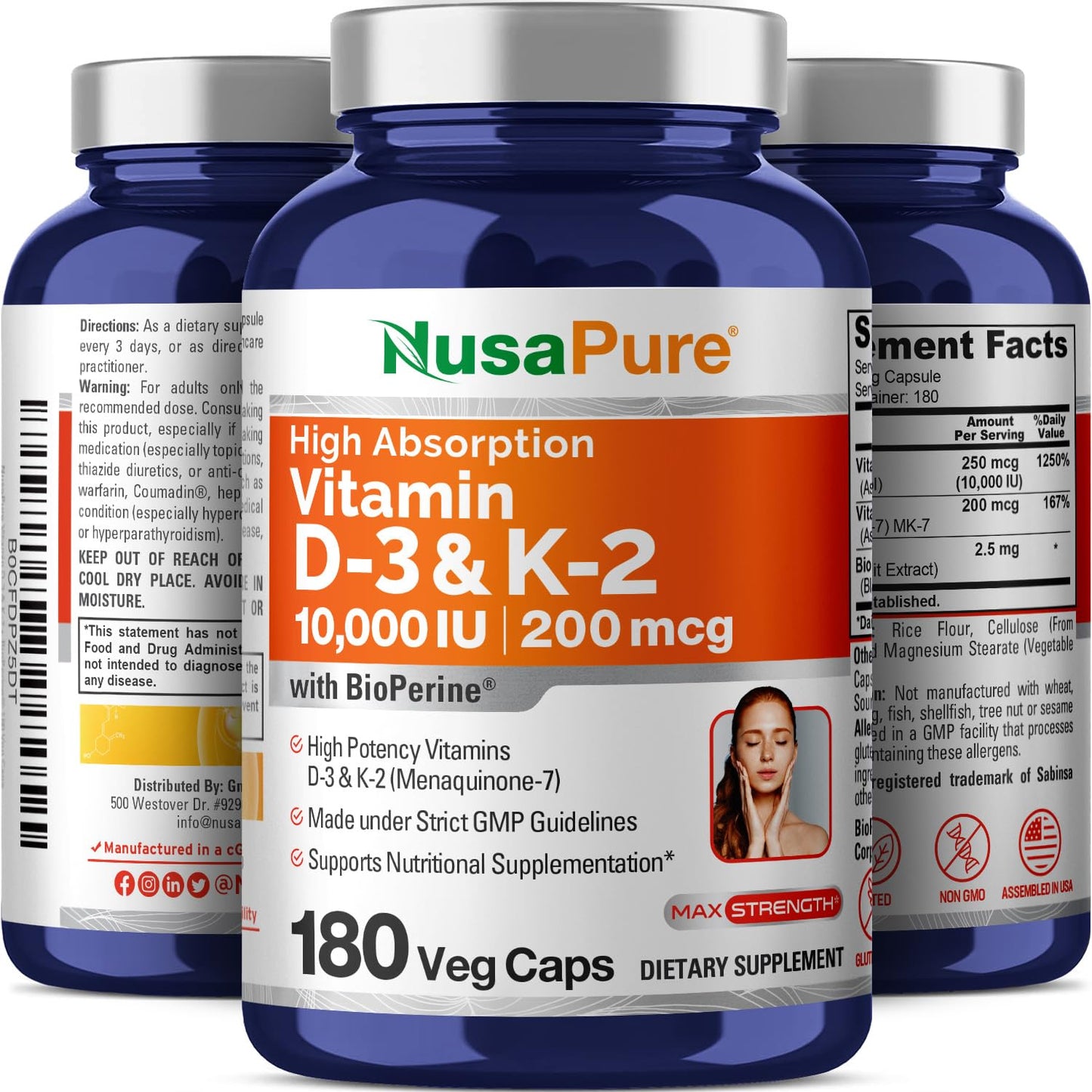 NusaPure Vitamin D3 & K-2 Capsule, 180 Count