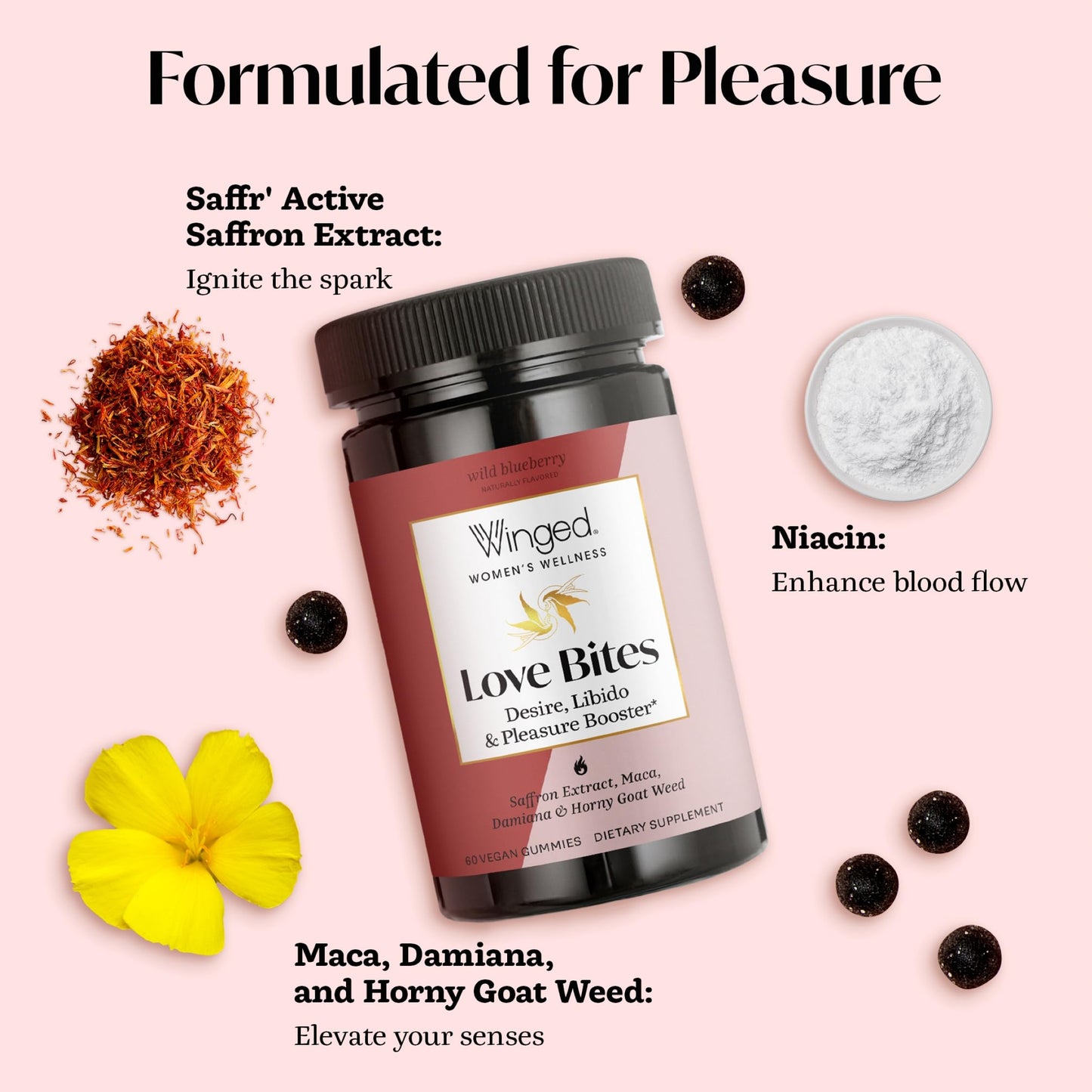 Winged Wellness Love Bites Gummy Libido Booster for Women with Maca Root, Horny Goat Weed & Damiana, Wild Blueberry, 60 Gummies