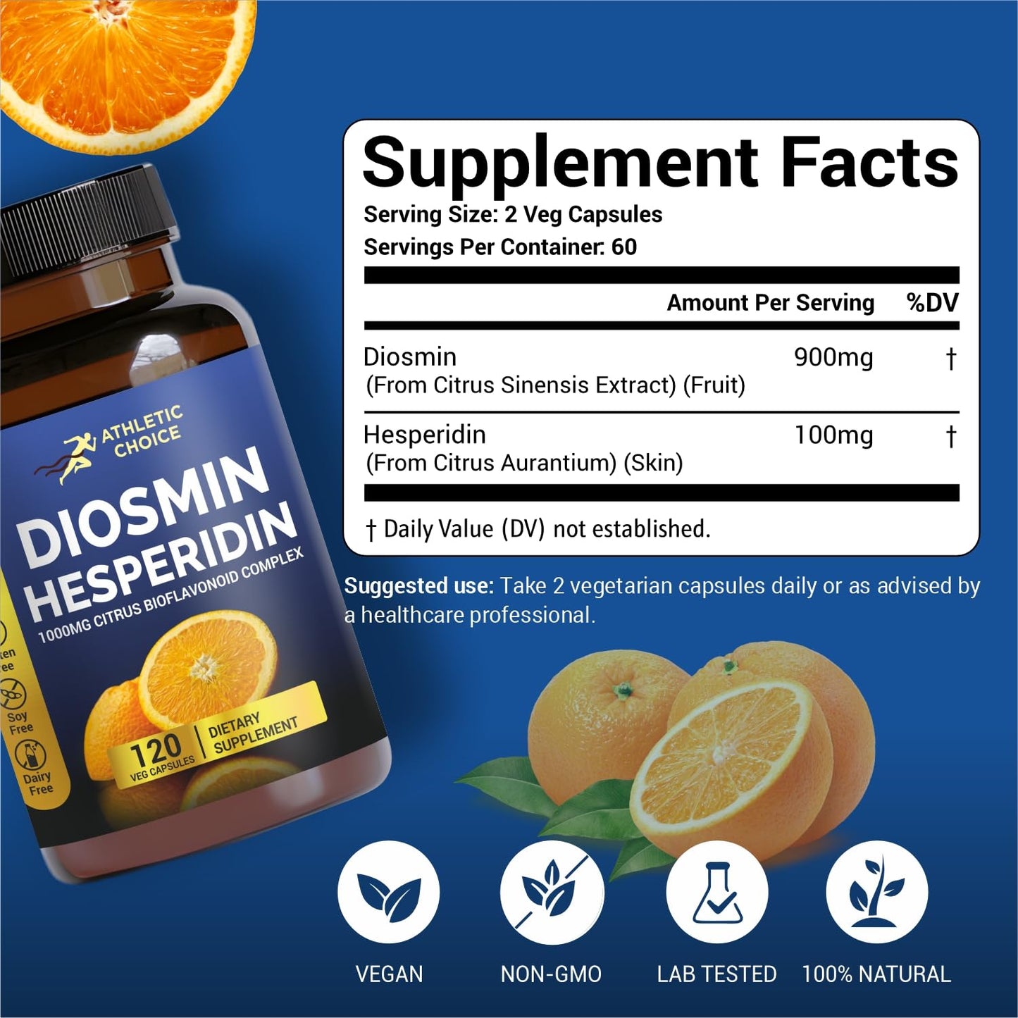 Athletic Choice Diosmin Hesperidin 1000mg Complex, 120 Veggie Capsules