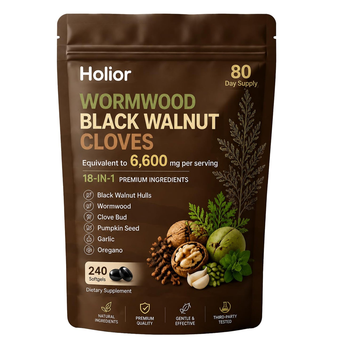 Luxero Holior Wormwood Black Walnut Cloves, 18-in-1 Herbal Blend Formula with Clove, Garlic, Turmeric, Pumpkin Seed & Oregano – Daily Digestive & Gut Balance Support Supplement, 240 Capsules