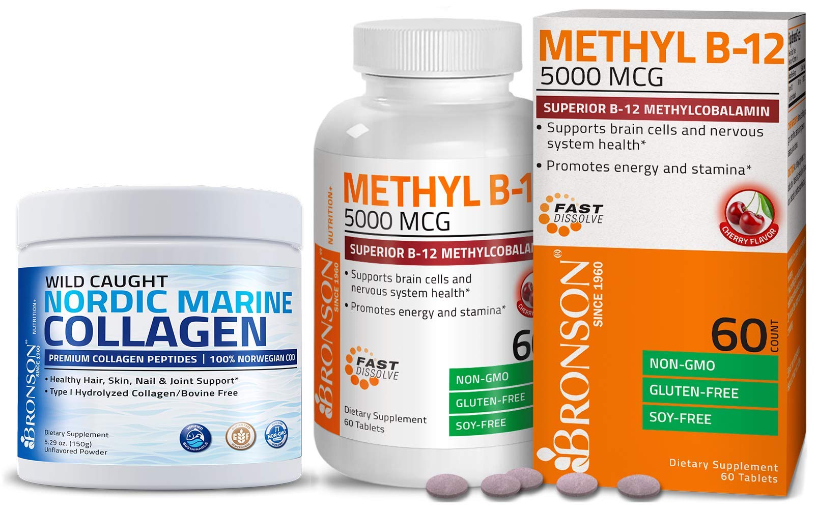 Bronson Marine Collagen Peptides Hydrolyzed Protein Powder + Methyl B12 5000 mcg Vitamin B12 Methylcobalamin, 1 Count