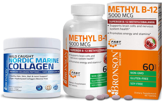 Bronson Marine Collagen Peptides Hydrolyzed Protein Powder + Methyl B12 5000 mcg Vitamin B12 Methylcobalamin, 1 Count