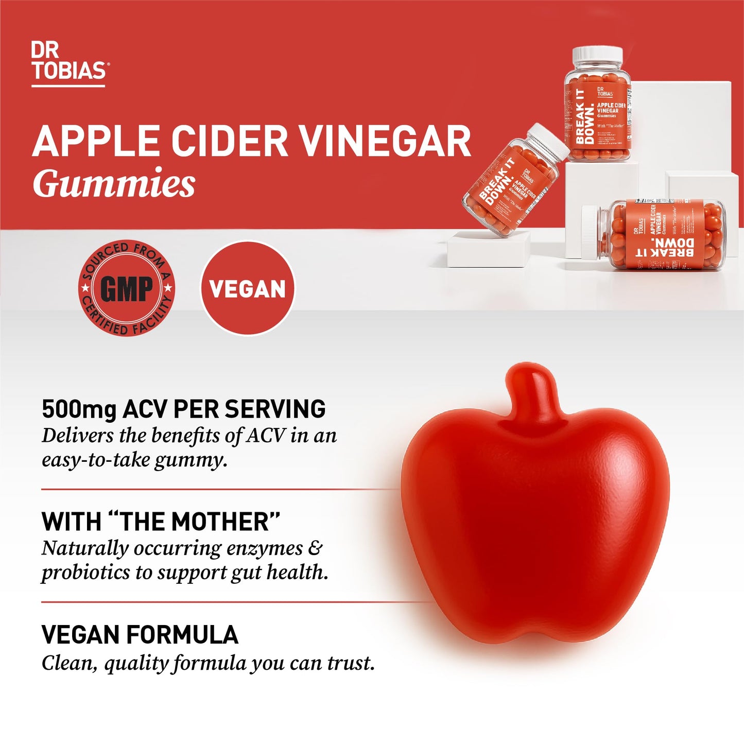 Dr. Tobias Apple Cider Vinegar Gummies with The Mother - 500mg ACV Per Serving, Plus Folate, B6, B12 & Iodine, Vegan, 120 Gummies