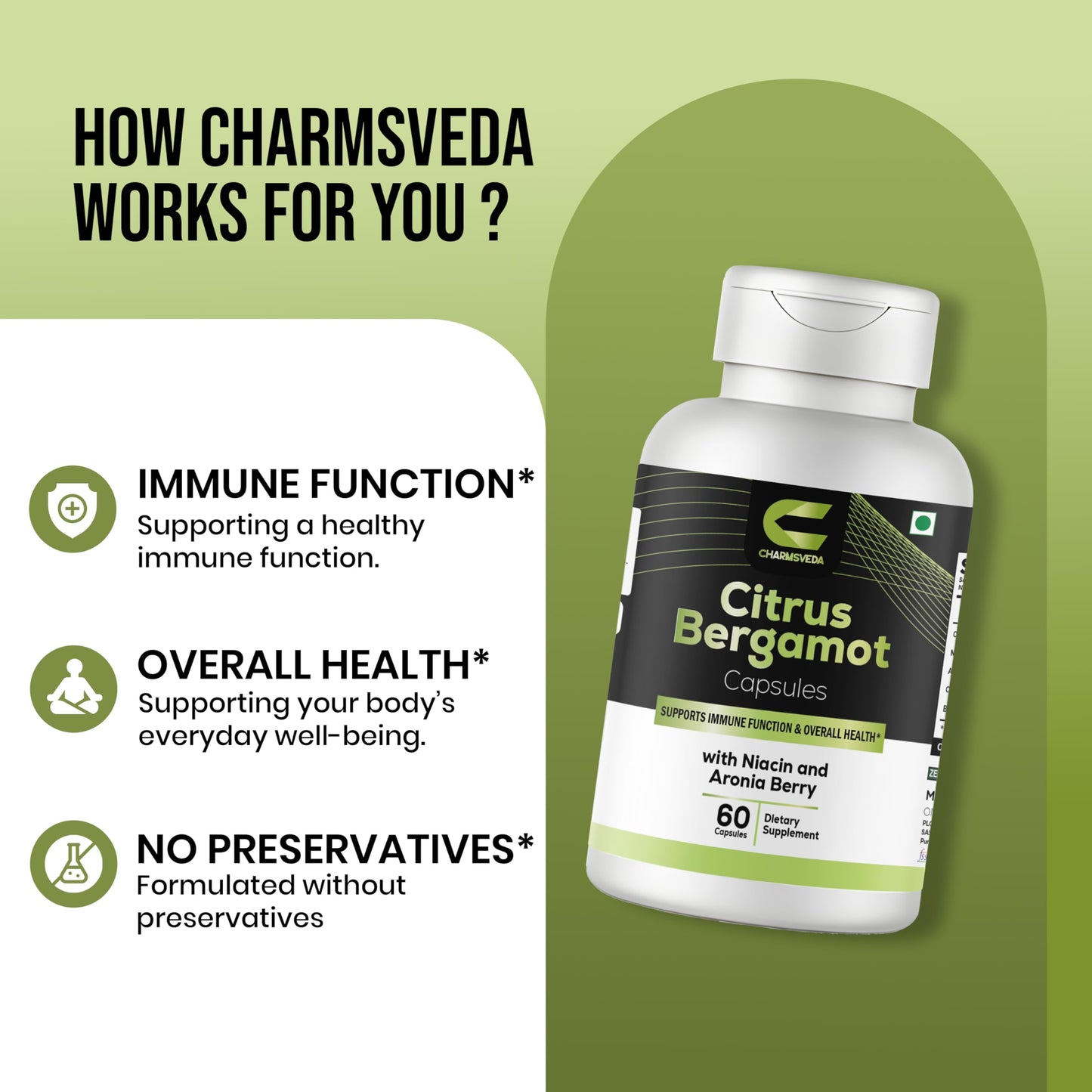 CHARMSVEDA Citrus Bergamot with Niacin & Aronia Berry – Advanced Liver Health, Immune & Heart Support – Olive Leaf & Black Pepper Extract – 60 Vegan Capsules