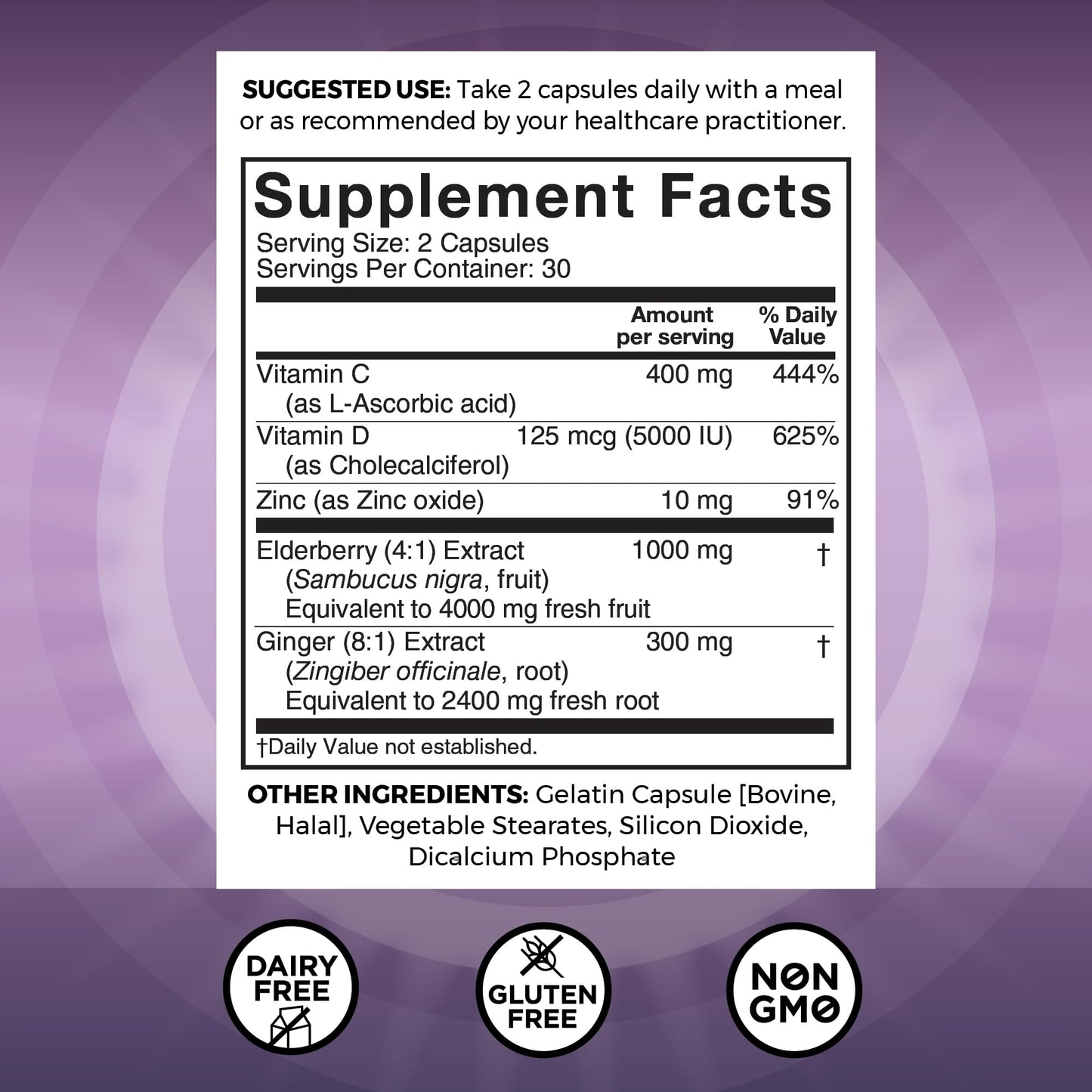 Viva Naturals Black Elderberry 1000mg with Vitamin C, D3 5000 IU & Zinc - 5-in-1 Immune Support Sambucus Elderberry Capsules with Ginger, 60 Capsules