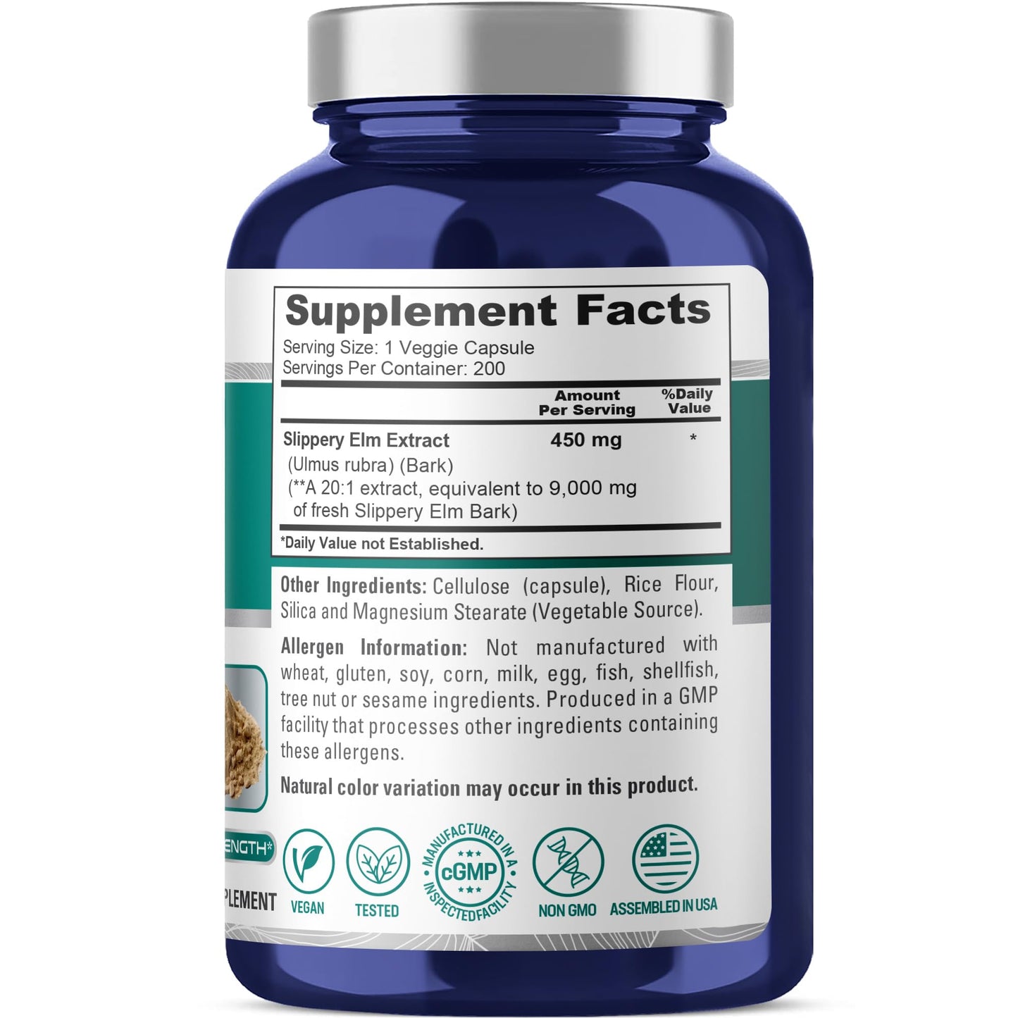 NusaPure Slippery Elm Bark Capsules, 450 mg, 200 Veg Capsules