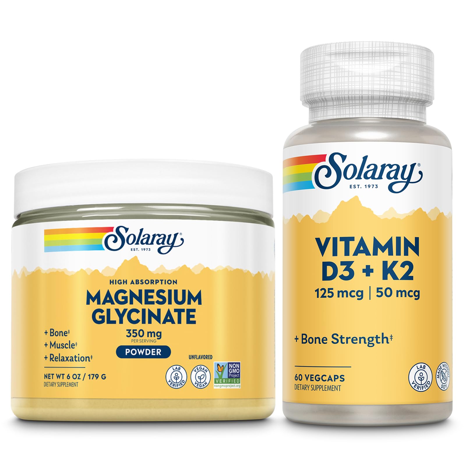 SOLARAY Magnesium Glycinate Powder and Vitamin D3 K2 Bundle, 6oz/60ct
