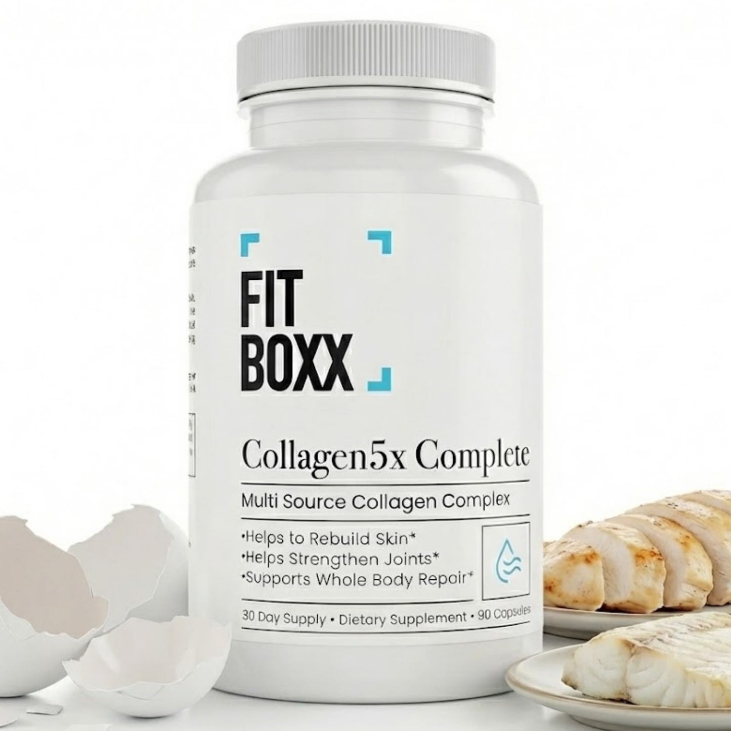 Fit Boxx Collagen5X Complete Multi-Source Collagen Types I, II, III, V & X Capsules, 90 Count