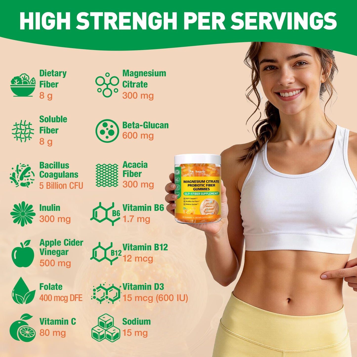 Totaria 15-in-1 Magnesium Citrate Fiber Gummies with Probiotic Prebiotic for Digestion, Apple Cider Vinegar 500mg, Acacia, B6, B12, 60 Gummies