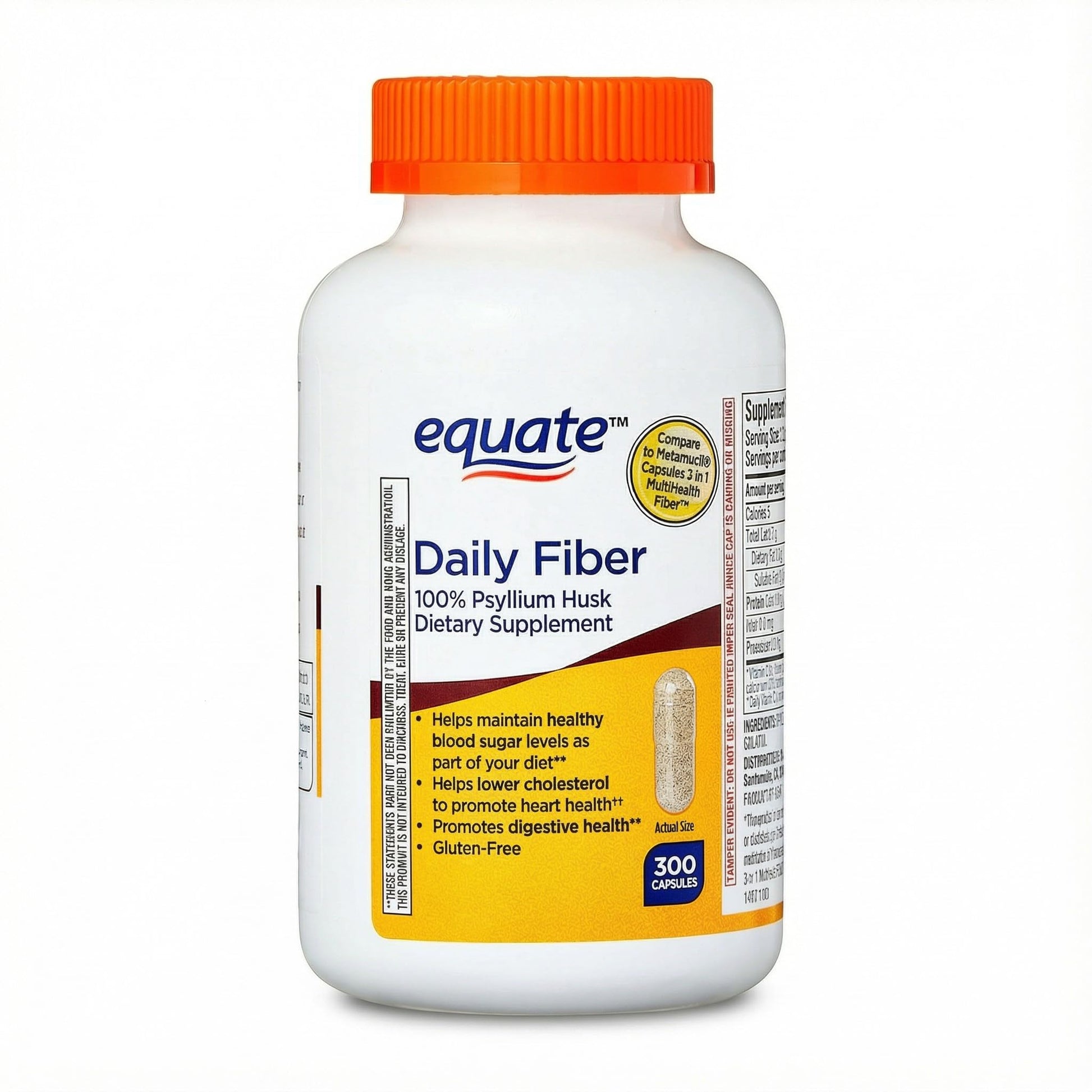 Generic Psyllium Husk Fiber Capsules, Daily Fiber Supplement, Unflavored, Gluten Free Formula, 300 Capsules