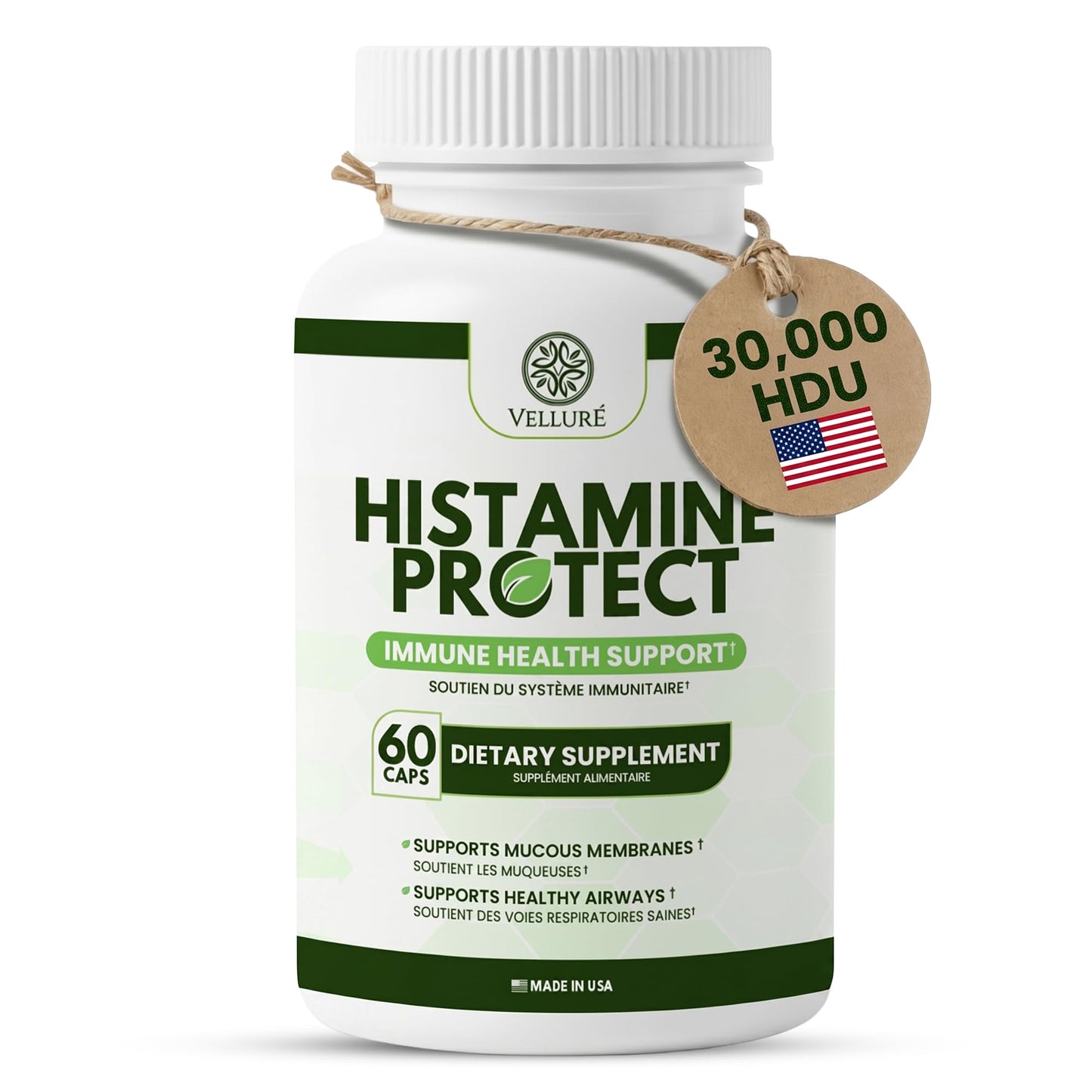 Velluré DAO Enzyme Supplement Histamine Blocker, Diamine Oxidase 30,000 HDU, with Quercetin, Magnesium & Vitamin C, 60 Capsules