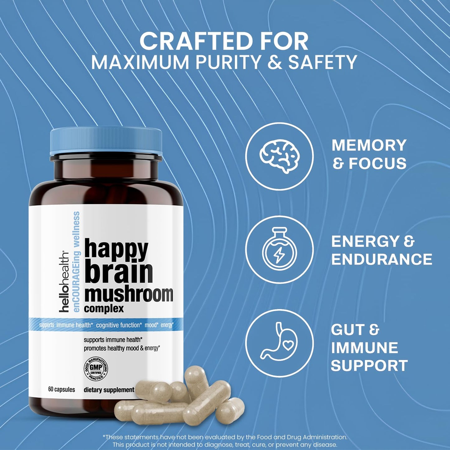 Hello Health Happy Brain Mushroom Complex Nootropics Brain Support Supplement Capsules, 60 Count