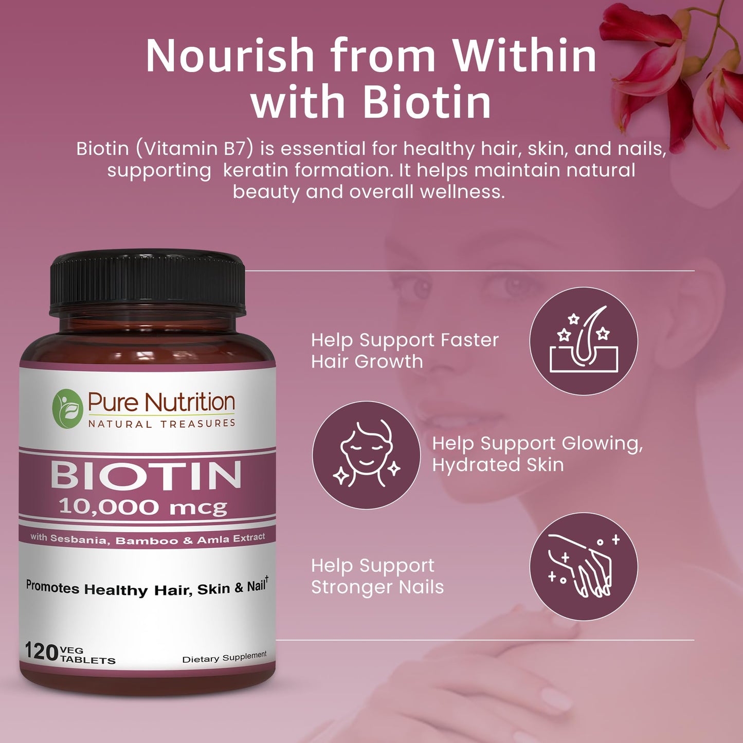 Pure Nutrition Natural Treasures Biotin 10000mcg with Sesbania, Bamboo & Amla Extract Tablets, 120 Count