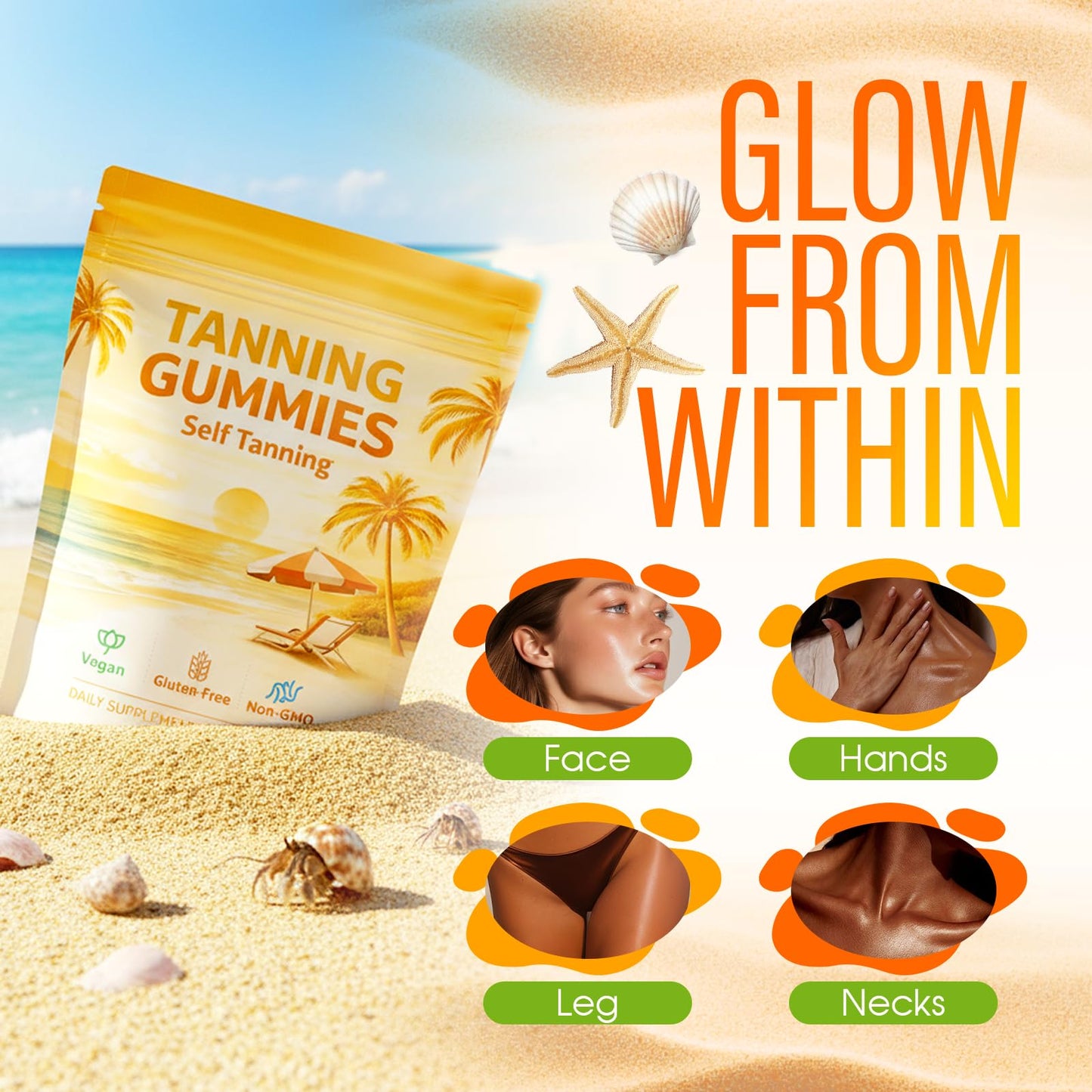 Ryurop Tanning Gummies Advanced Self-Tanning Support with Beta Carotene, Astaxanthin, Vitamin C, Turmeric & Mango Extract, 60 Gummies