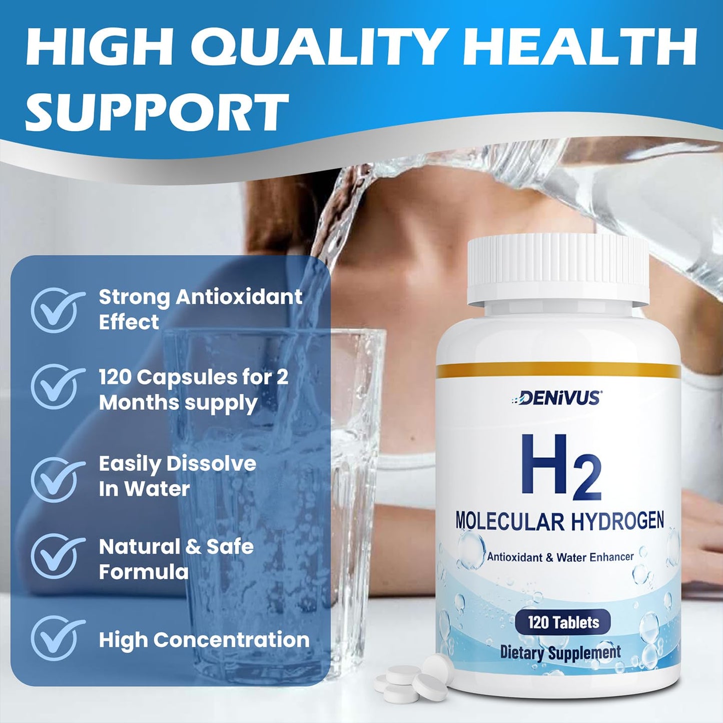 Denivus Hydrogen Water Capsules with Magnesium, 120 Capsules