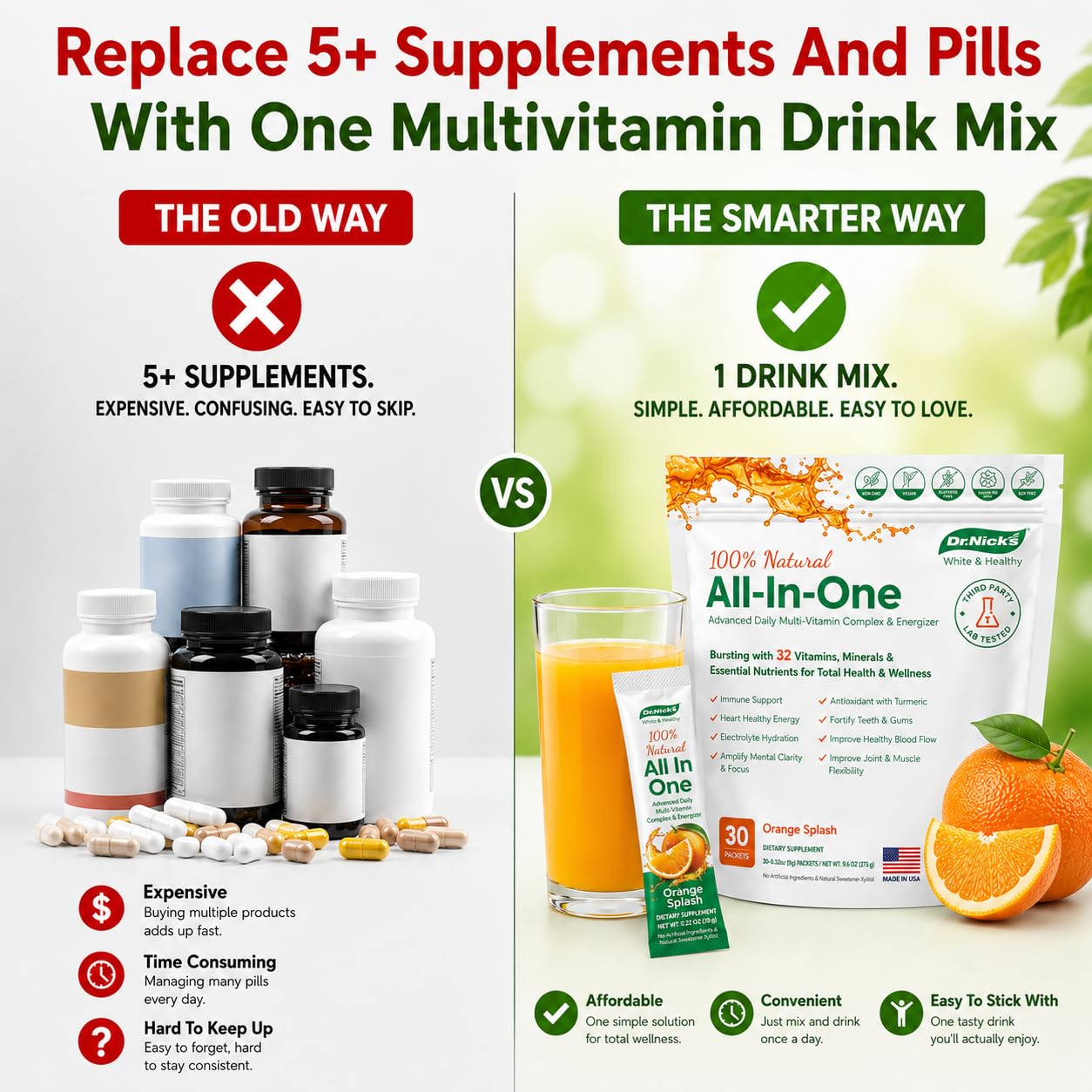Dr.Nick's White & Healthy Multivitamin Powder for Women and Men, 9.6 oz